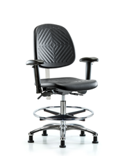 CL100 Polyurethane Clean Room Chair - Medium Bench Height with Medium Back, Seat Tilt, Adj Arms, Chrome Foot Ring, & Stationary Glides in Black Polyurethane
