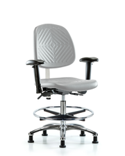 CL100 Polyurethane Clean Room Chair - Medium Bench Height with Medium Back, Seat Tilt, Adj Arms, Chrome Foot Ring, & Stationary Glides in Gray Polyurethane