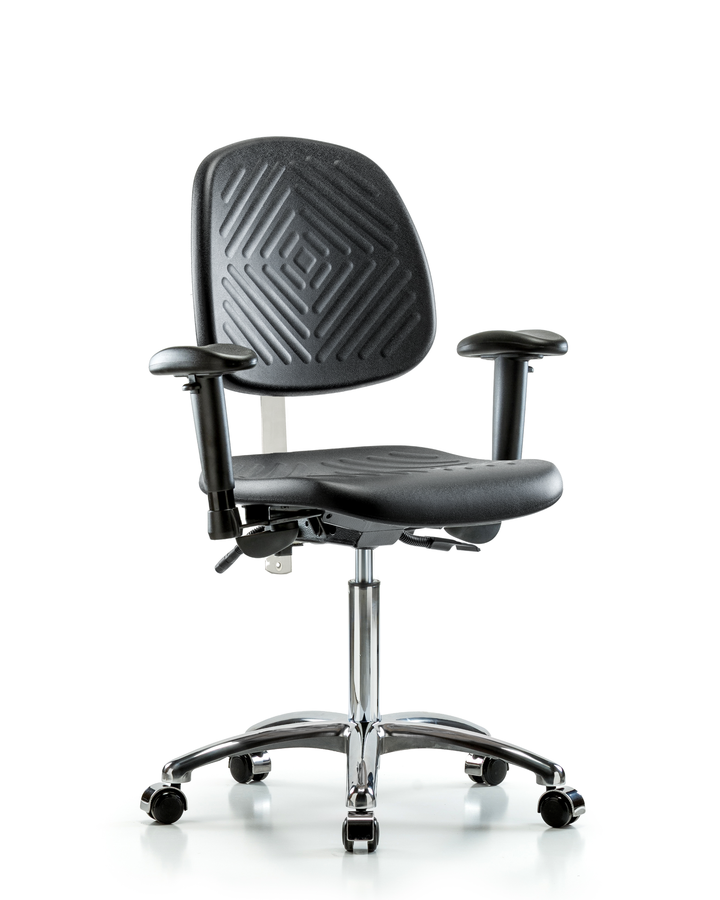 Class 100 Polyurethane Clean Room Chair - Medium Bench Height with Medium Back, Seat Tilt, Adjustable Arms, & Casters in Black Polyurethane