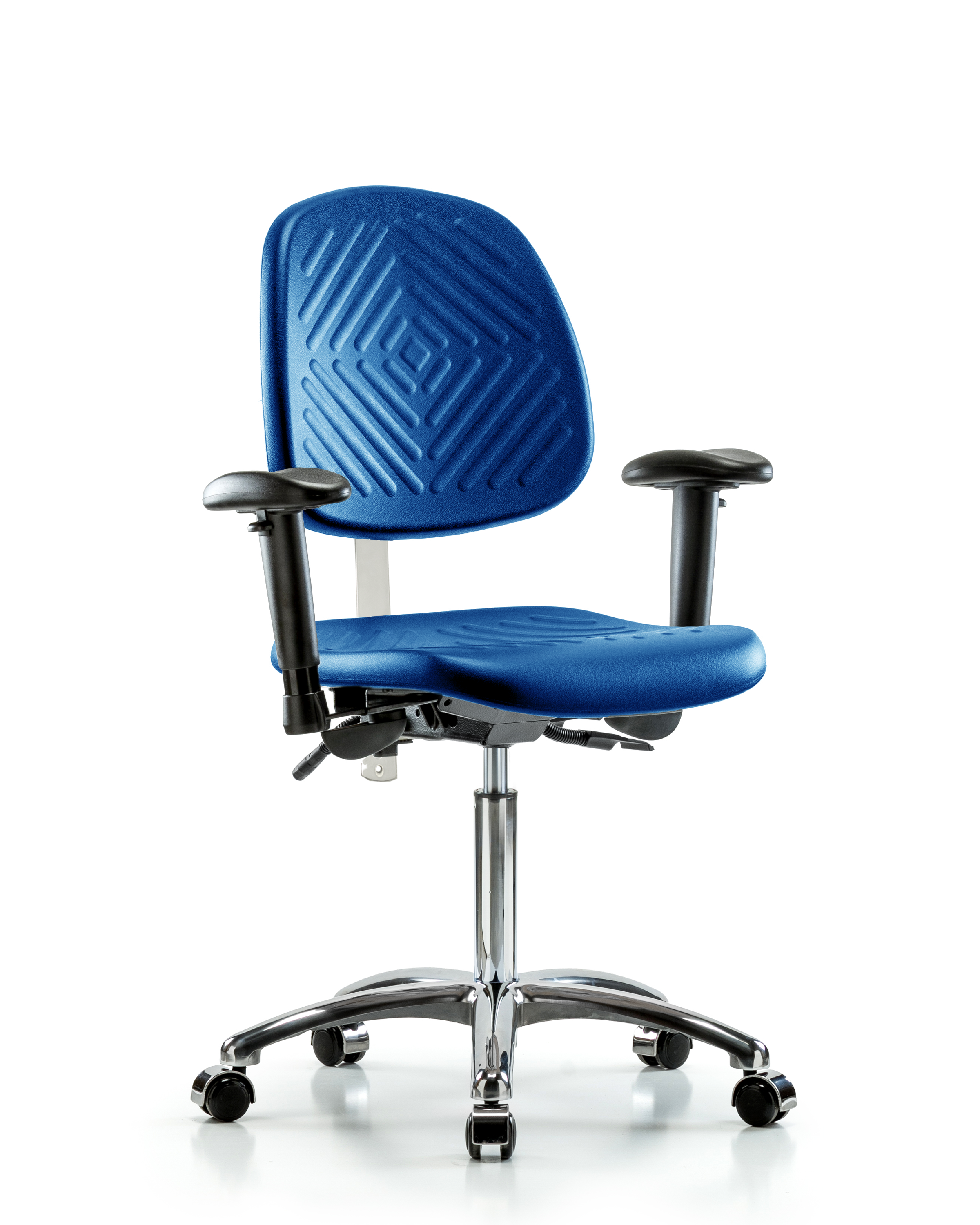 Class 100 Polyurethane Clean Room Chair - Medium Bench Height with Medium Back, Seat Tilt, Adjustable Arms, & Casters in Blue Polyurethane