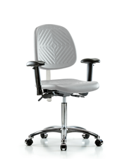 Class 100 Polyurethane Clean Room Chair - Medium Bench Height with Medium Back, Seat Tilt, Adjustable Arms, & Casters in Gray Polyurethane