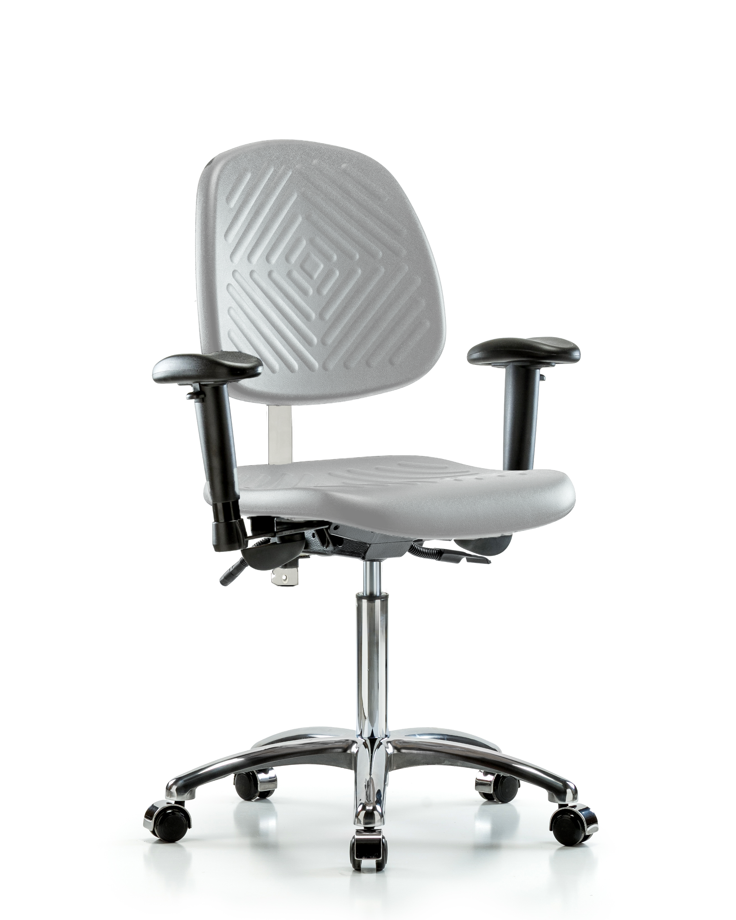 Class 100 Polyurethane Clean Room Chair - Medium Bench Height with Medium Back, Seat Tilt, Adjustable Arms, & Casters in Gray Polyurethane