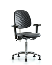 Class 100 Polyurethane Clean Room Chair - Medium Bench Height with Medium Back, Seat Tilt, Adjustable Arms, & Stationary Glides in Black Polyurethane