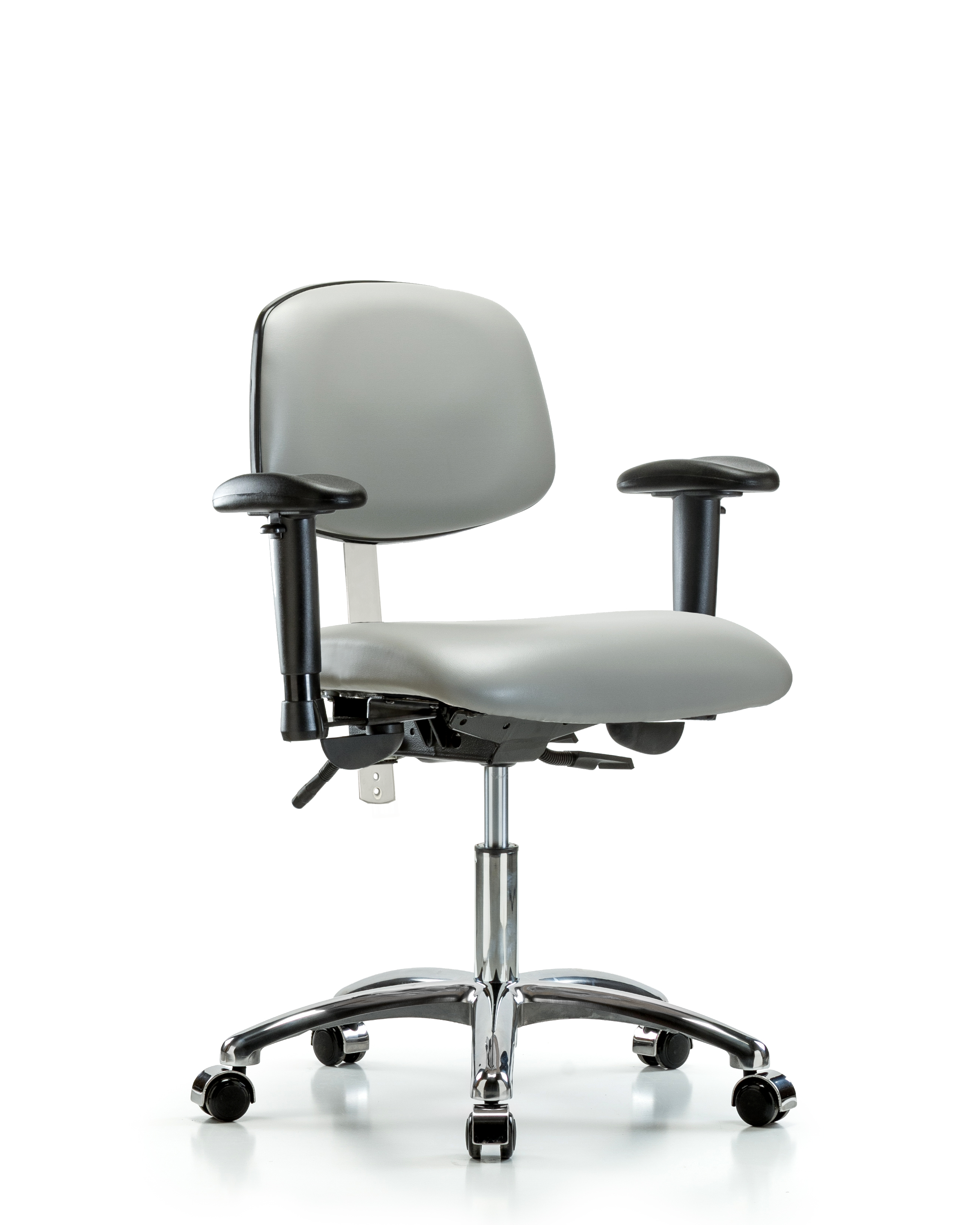 Class 100 Vinyl Clean Room Chair - Desk Height with Adjustable Arms & Casters in Dove Trailblazer Vinyl