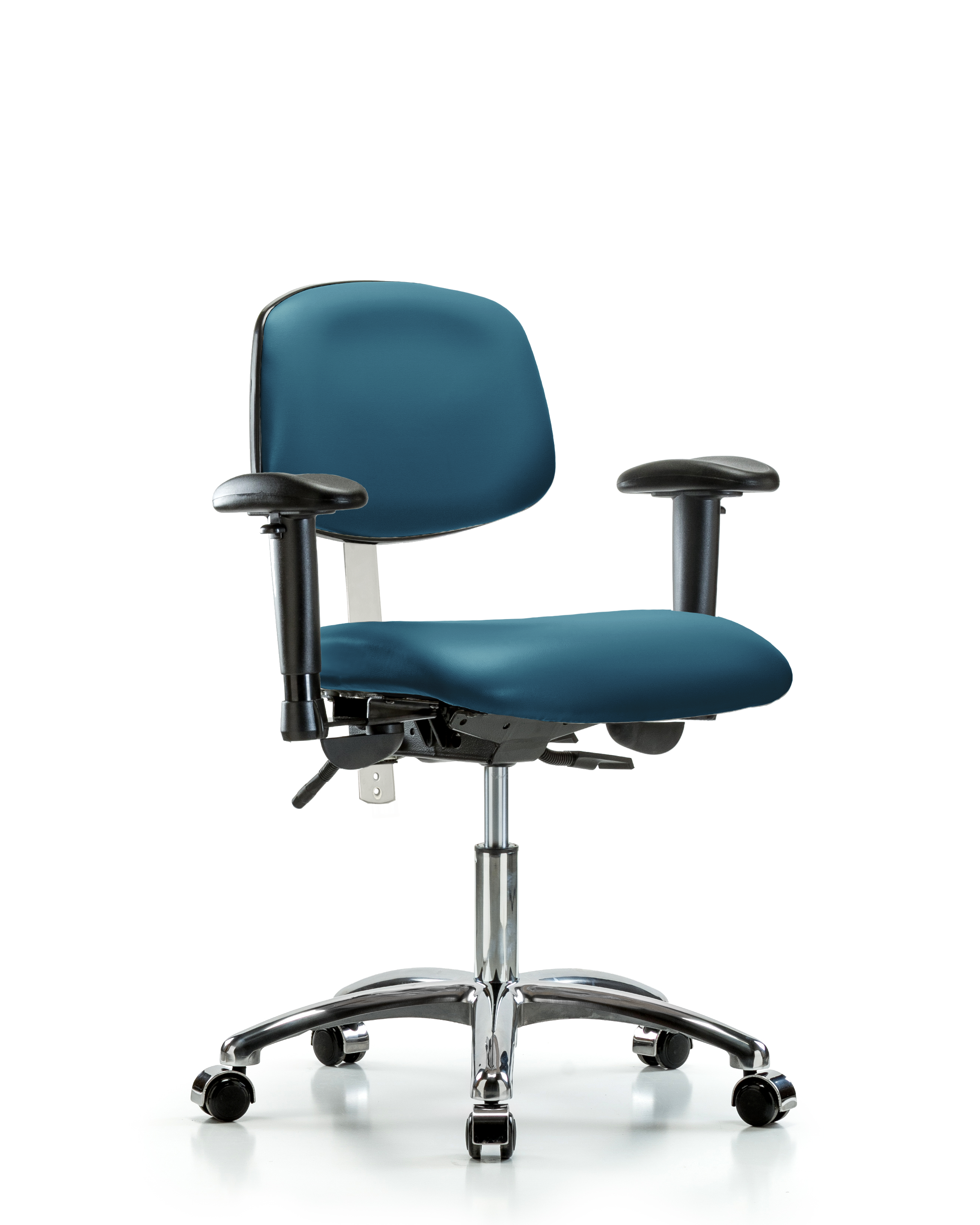 Class 100 Vinyl Clean Room Chair - Desk Height with Seat Tilt, Adjustable Arms, & Casters in Marine Blue Supernova Vinyl