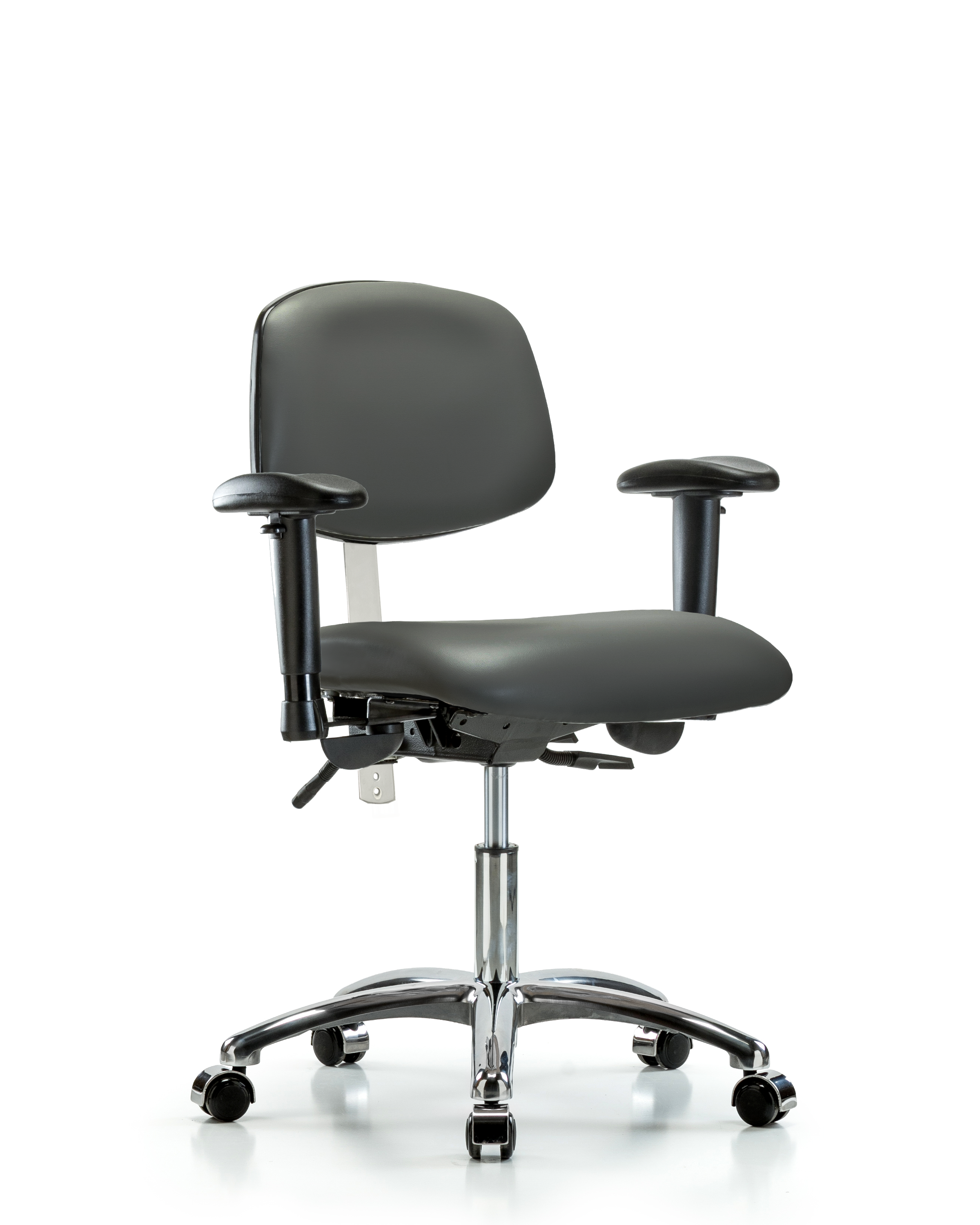 Class 100 Vinyl Clean Room Chair - Desk Height with Seat Tilt, Adjustable Arms, & Casters in Carbon Supernova Vinyl