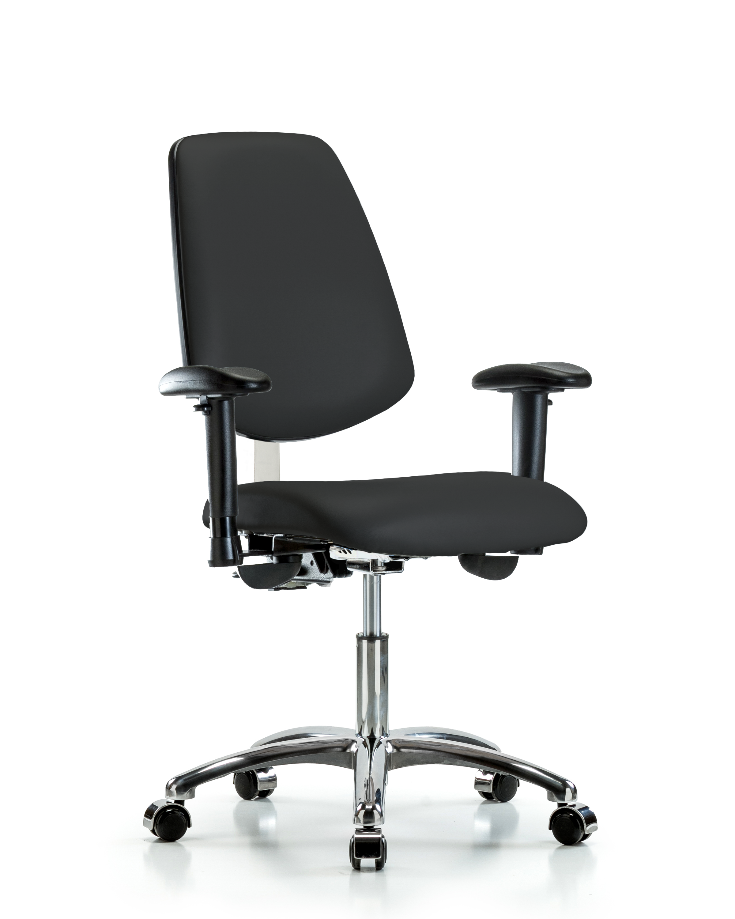 Class 100 Vinyl Clean Room Chair - Desk Height with Medium Back, Adjustable Arms, & Casters in Black Trailblazer Vinyl