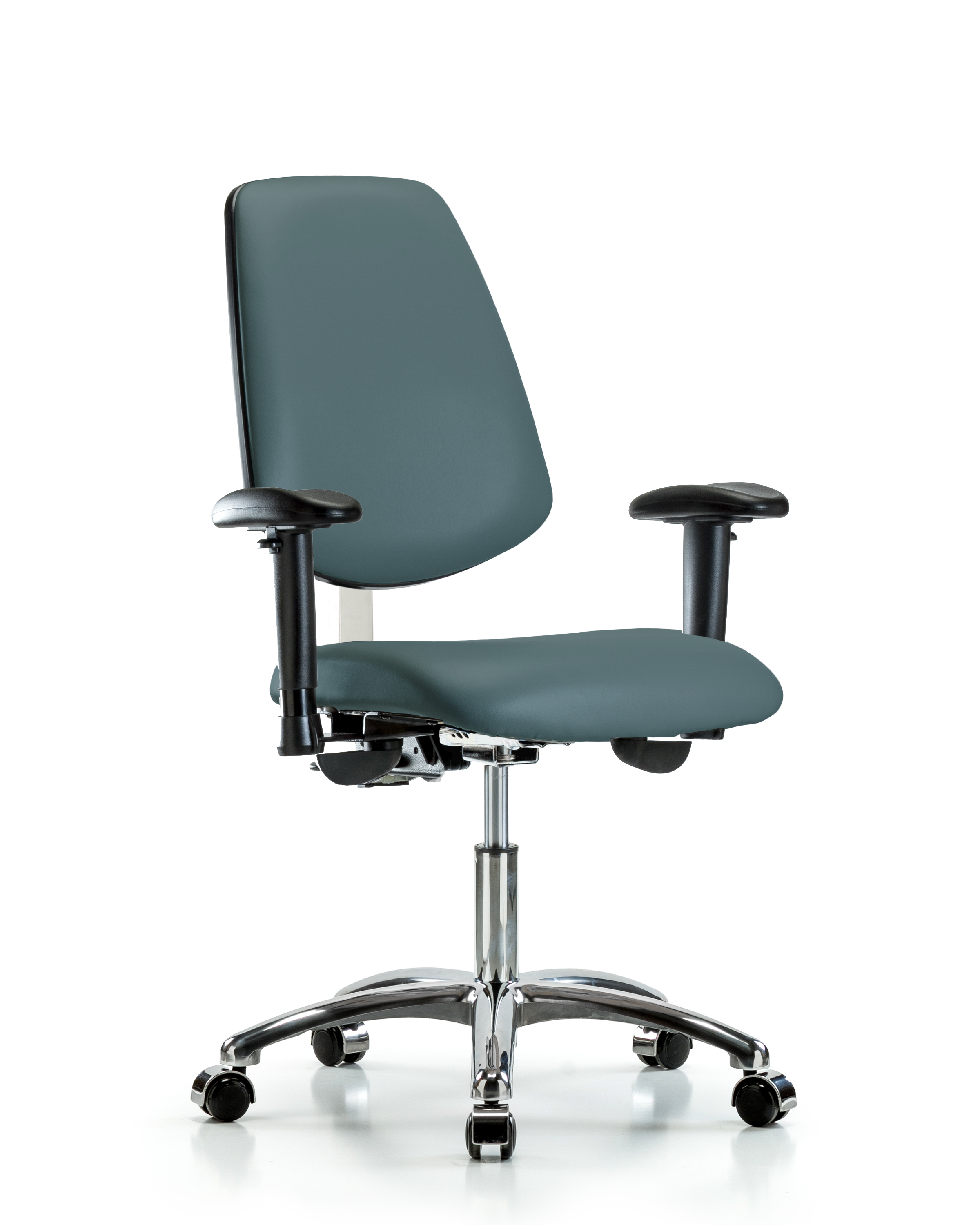 Class 100 Vinyl Clean Room Chair - Desk Height with Medium Back, Adjustable Arms, & Casters in Colonial Blue Trailblazer Vinyl