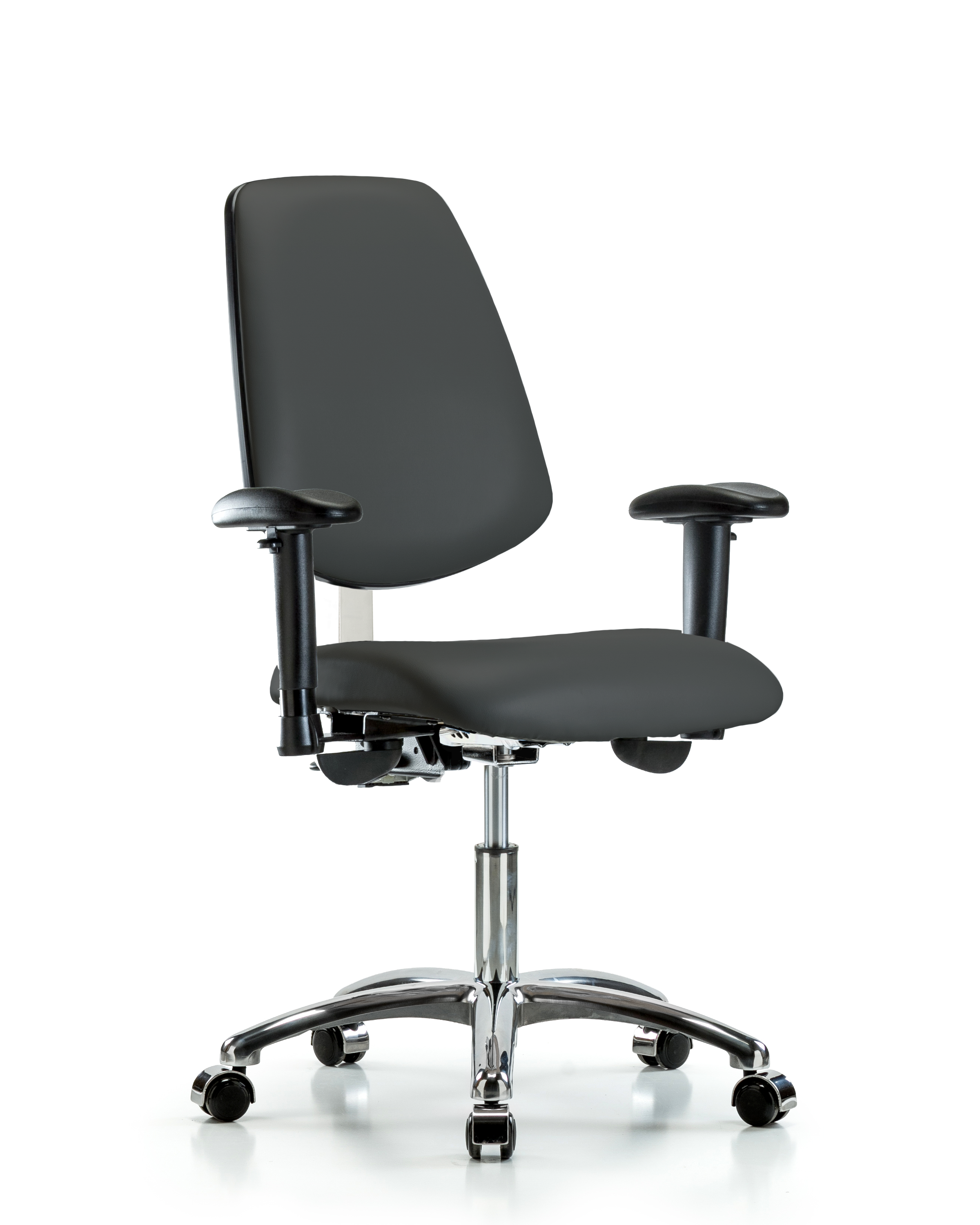 Class 100 Vinyl Clean Room Chair - Desk Height with Medium Back, Adjustable Arms, & Casters in Charcoal Trailblazer Vinyl