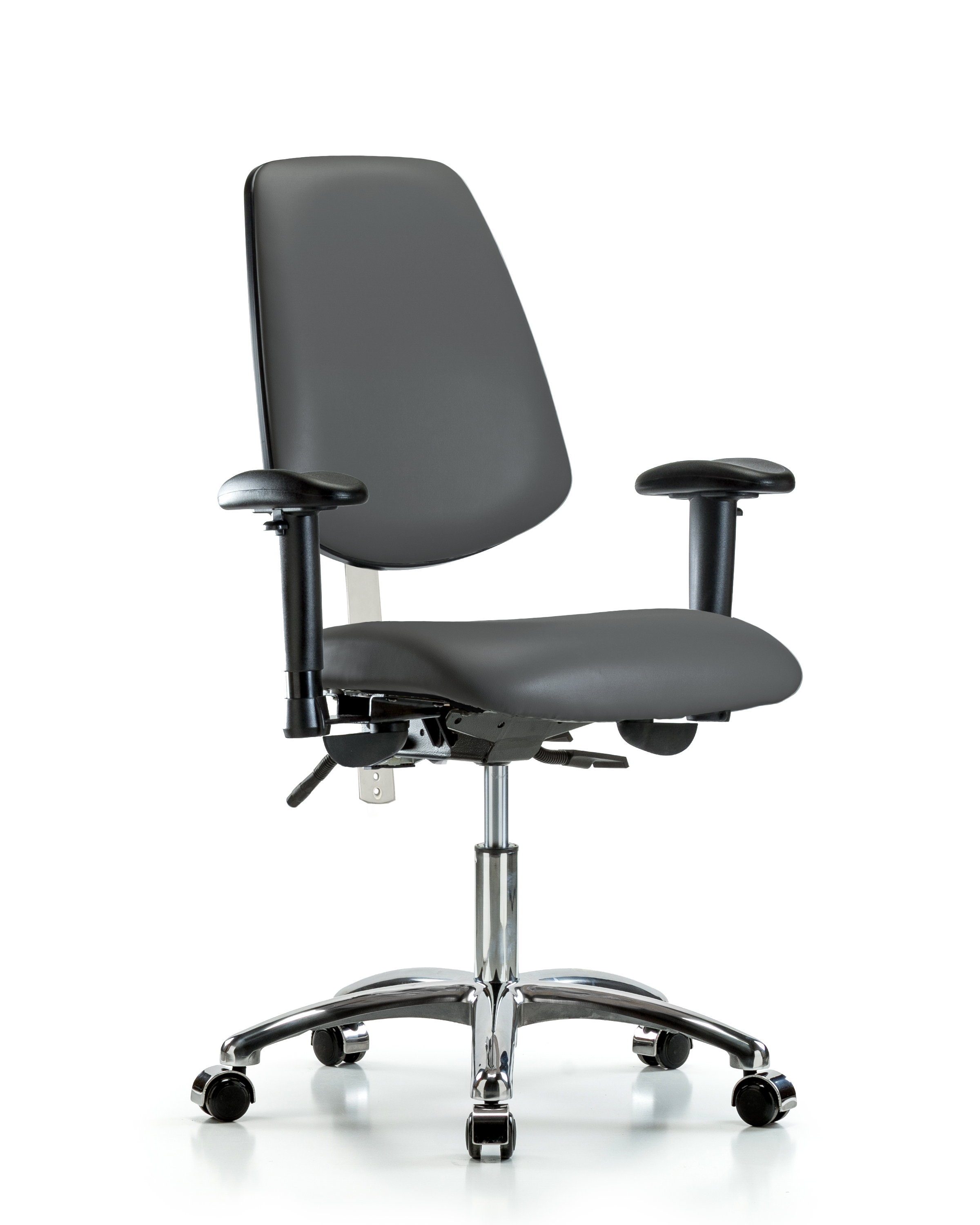 Class 100 Vinyl Clean Room Chair - Desk Height with Medium Back, Adjustable Arms, & Casters in Carbon Supernova Vinyl