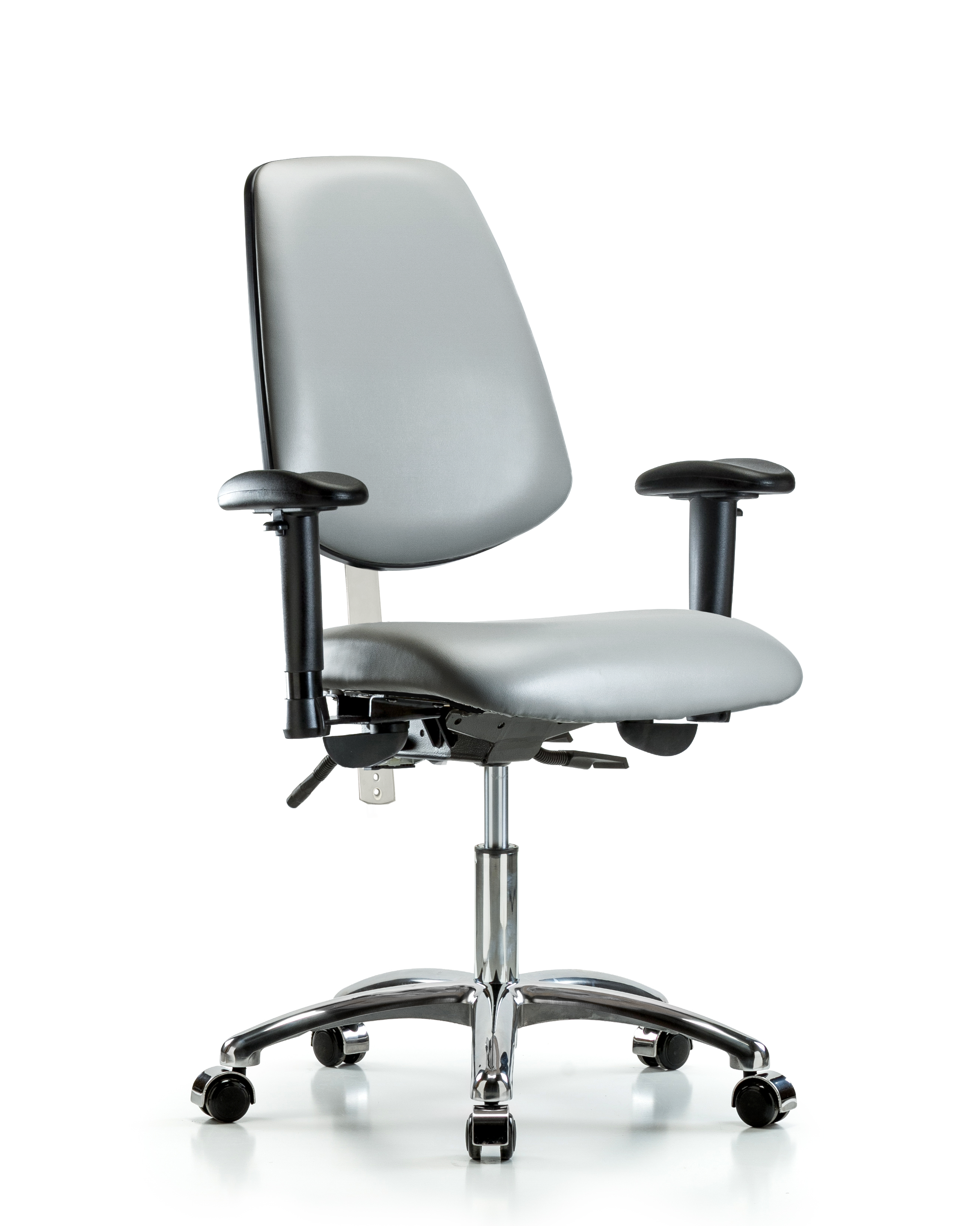 Class 100 Vinyl Clean Room Chair - Desk Height with Medium Back, Adjustable Arms, & Casters in Sterling Supernova Vinyl