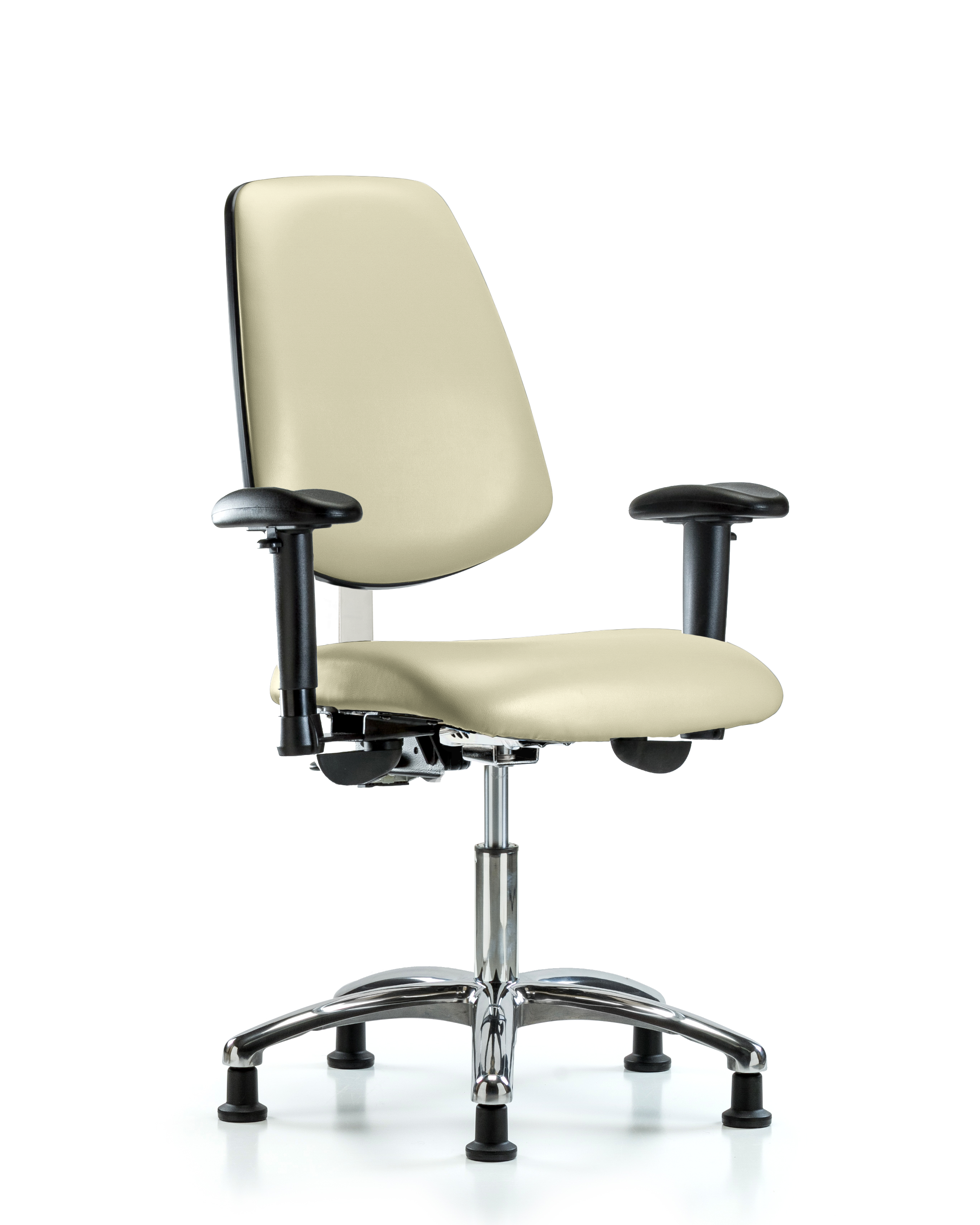 Class 100 Vinyl Clean Room Chair - Desk Height with Medium Back, Adjustable Arms, & Stationary Glides in Black Trailblazer Vinyl
