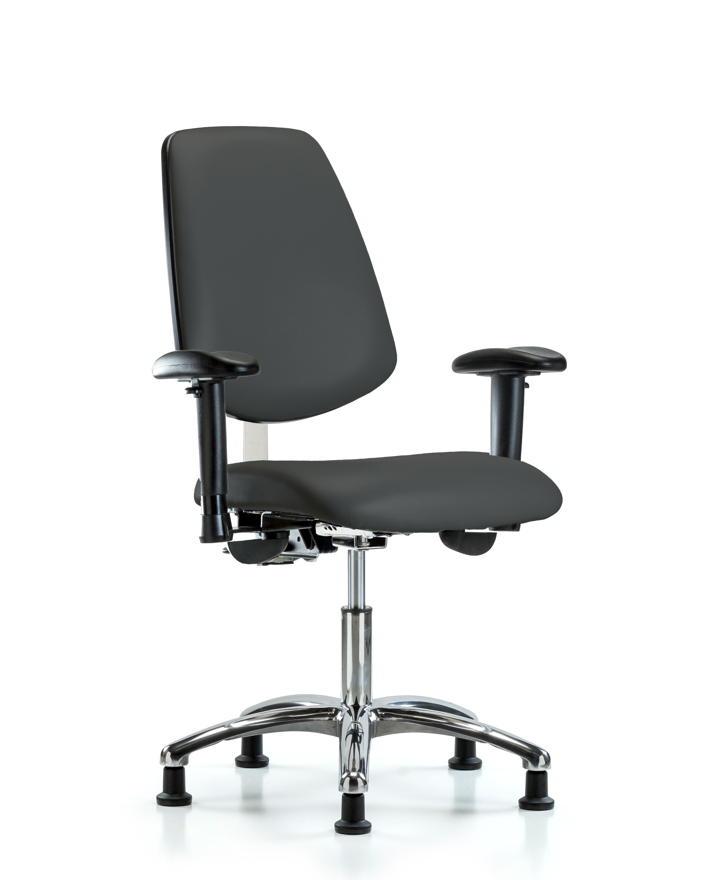 Class 100 Vinyl Clean Room Chair - Desk Height with Medium Back, Adjustable Arms, & Stationary Glides in Charcoal Trailblazer Vinyl