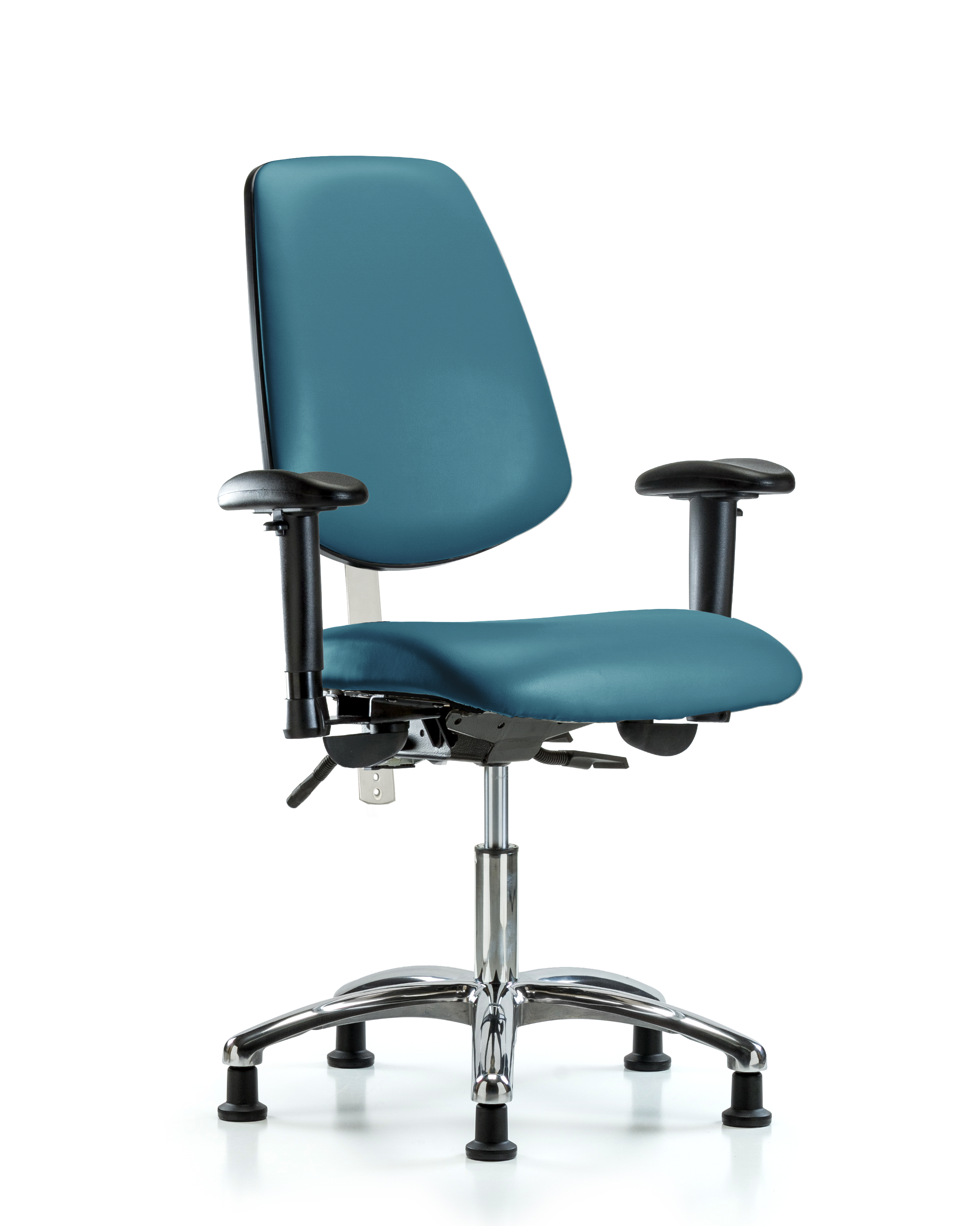 Class 100 Vinyl Clean Room Chair - Desk Height with Medium Back, Adjustable Arms, & Stationary Glides in Marine Blue Supernova Vinyl