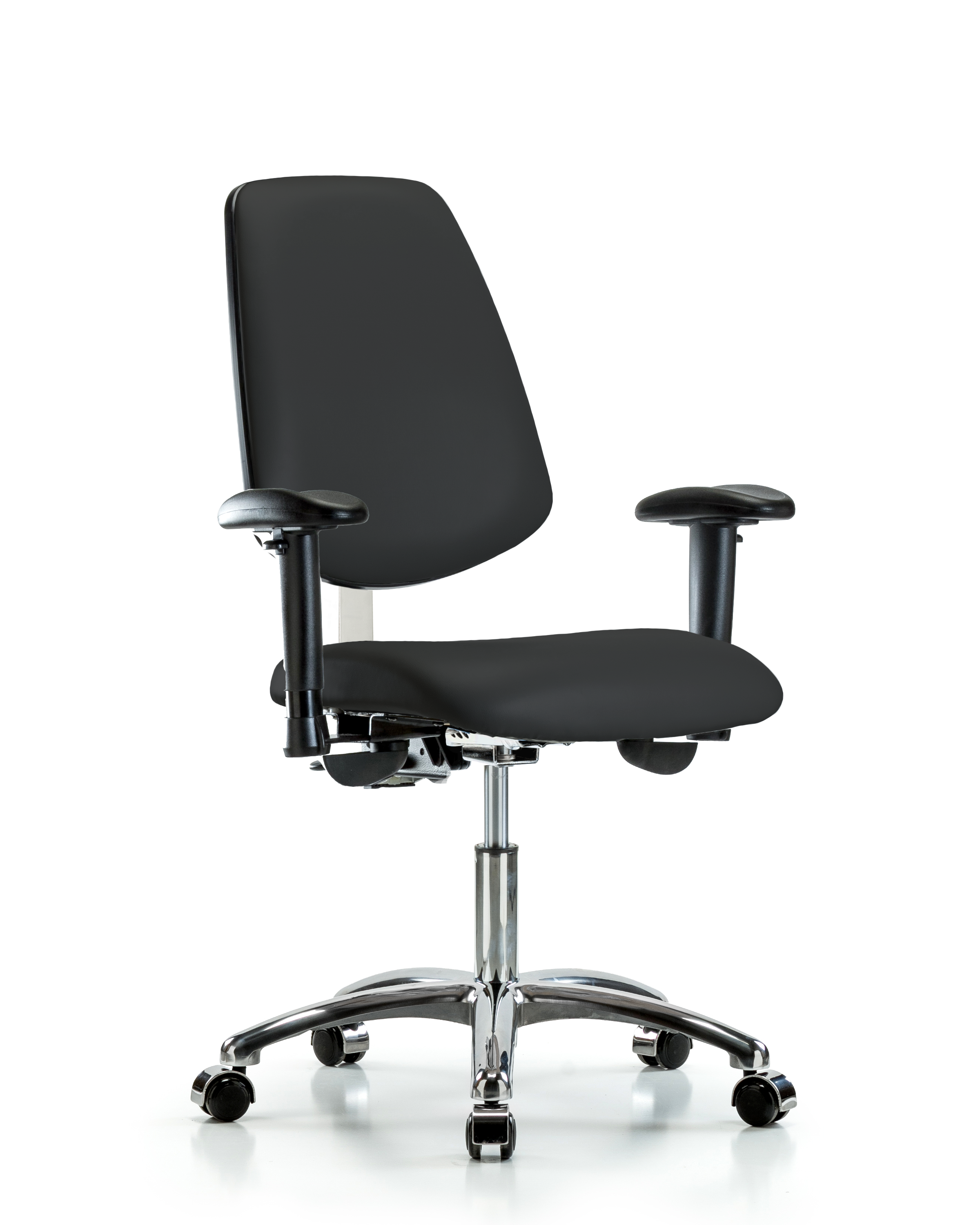 Class 100 Vinyl Clean Room Chair - Desk Height with Medium Back, Seat Tilt, Adjustable Arms, & Casters in Black Trailblazer Vinyl