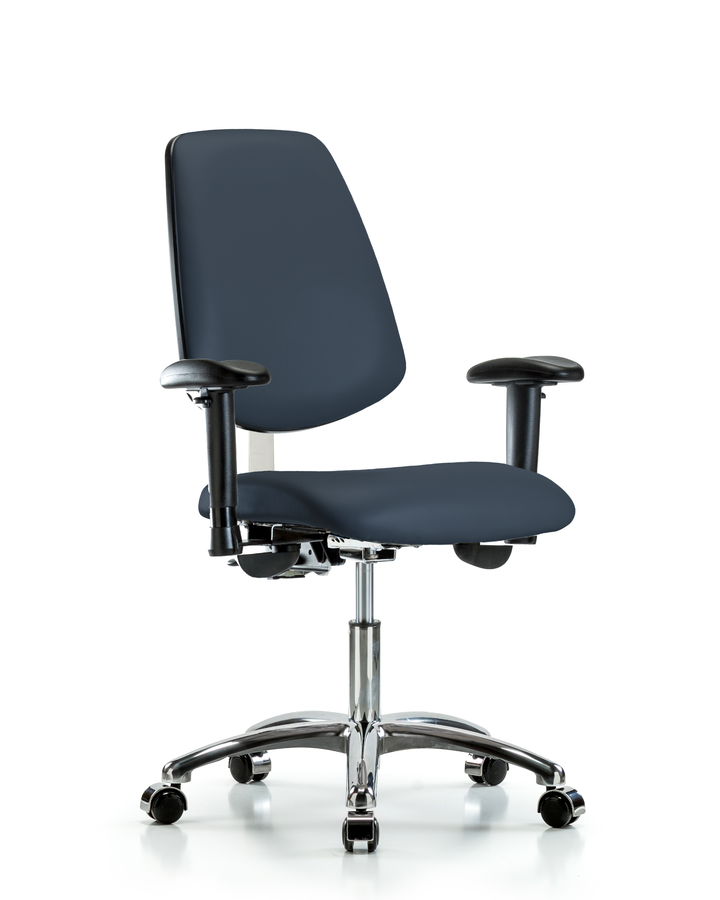 Class 100 Vinyl Clean Room Chair - Desk Height with Medium Back, Seat Tilt, Adjustable Arms, & Casters in Imperial Blue Trailblazer Vinyl