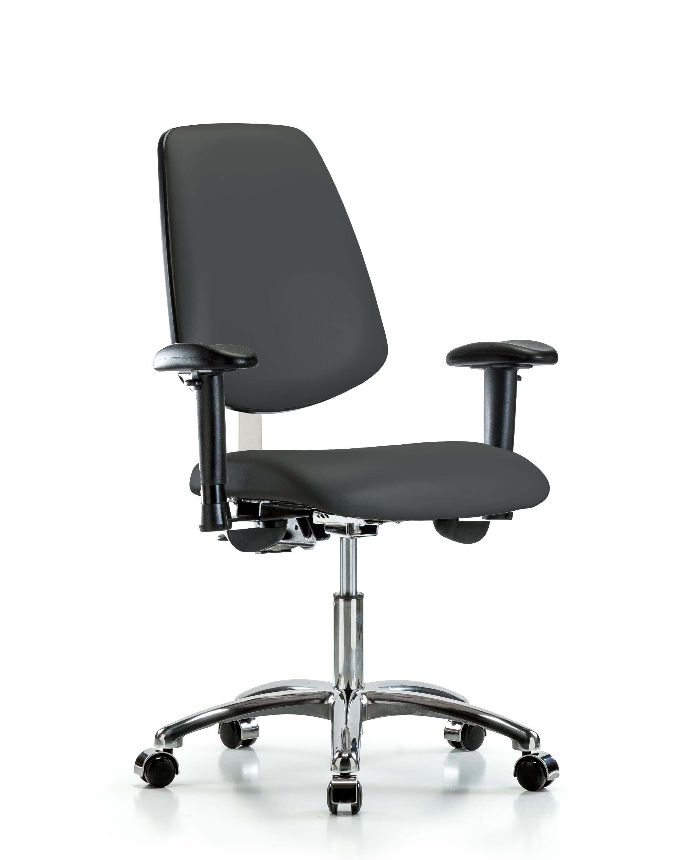 Class 100 Vinyl Clean Room Chair - Desk Height with Medium Back, Seat Tilt, Adjustable Arms, & Casters in Charcoal Trailblazer Vinyl