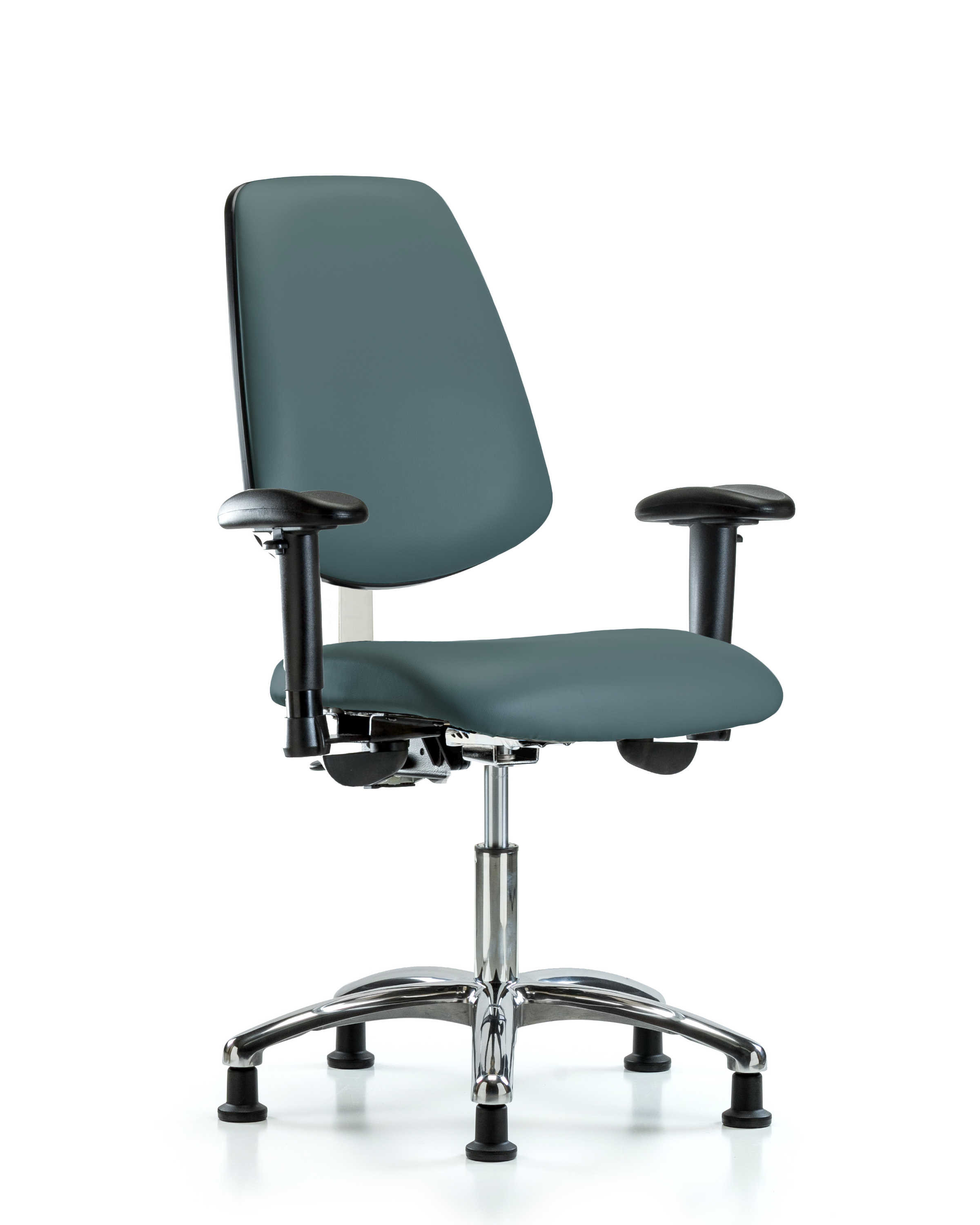 Class 100 Vinyl Clean Room Chair - Desk Height with Medium Back, Seat Tilt, Adjustable Arms, & Stationary Glides in Colonial Blue Trailblazer Vinyl