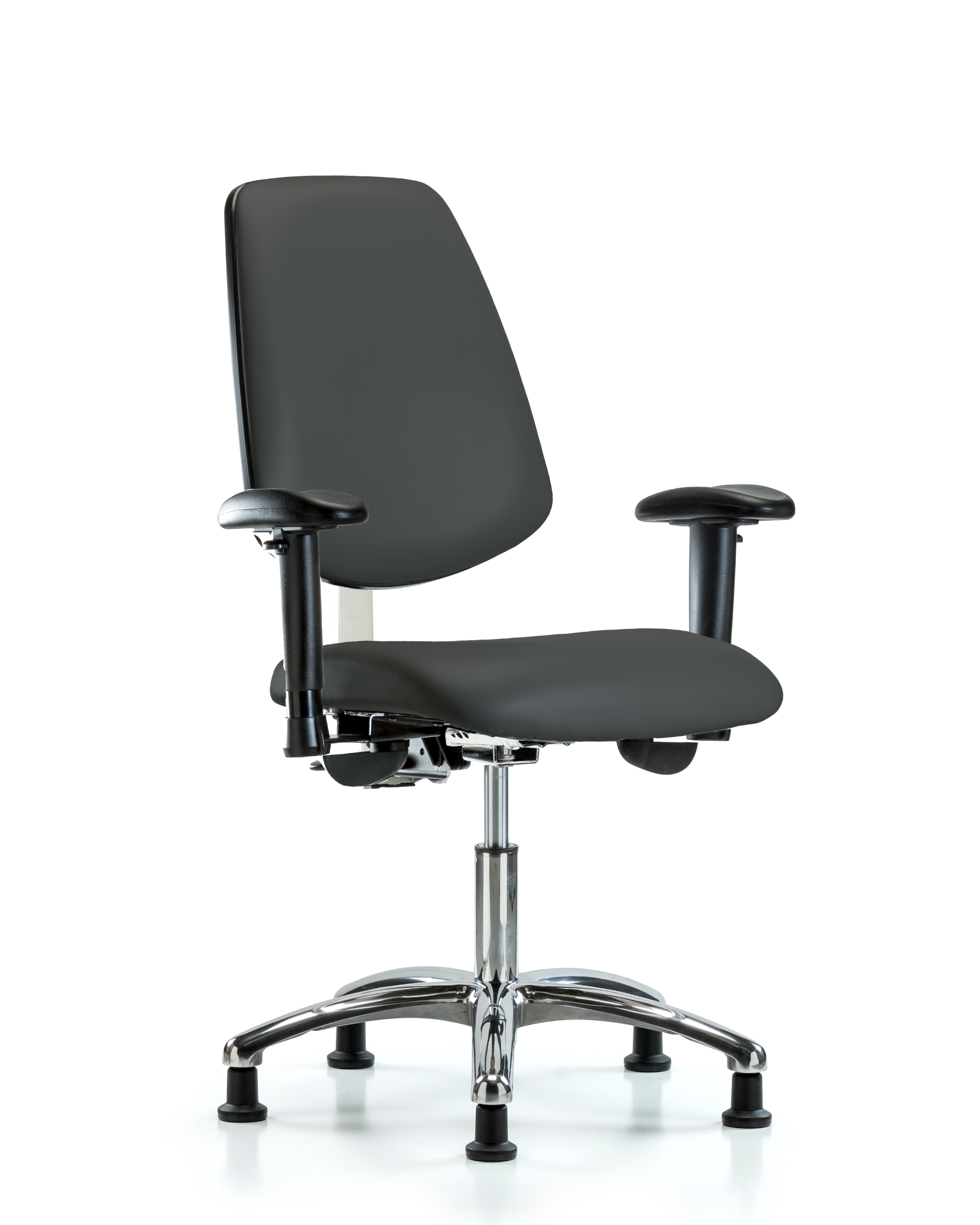 Class 100 Vinyl Clean Room Chair - Desk Height with Medium Back, Seat Tilt, Adjustable Arms, & Stationary Glides in Charcoal Trailblazer Vinyl