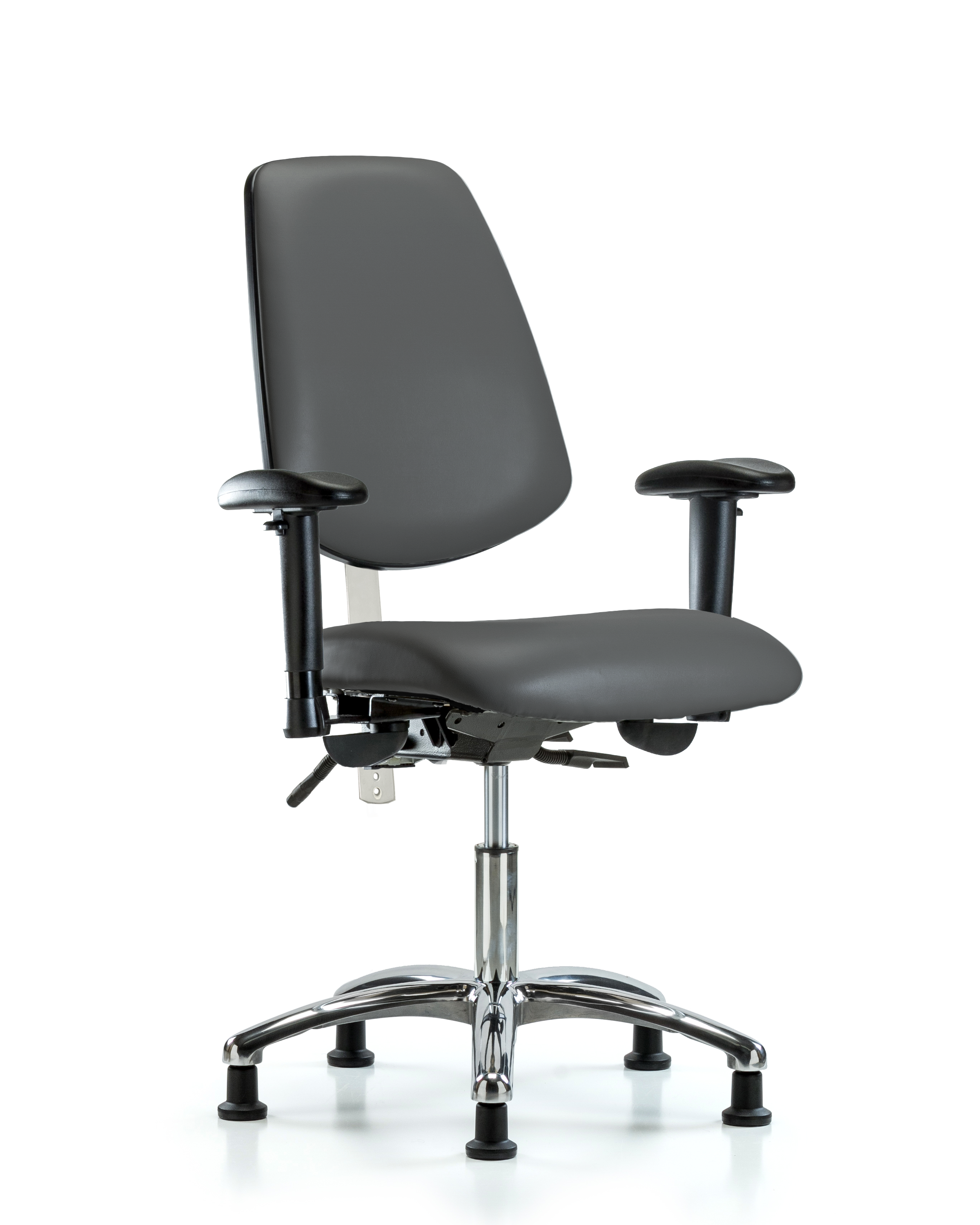 Class 100 Vinyl Clean Room Chair - Desk Height with Medium Back, Seat Tilt, Adjustable Arms, & Stationary Glides in Carbon Supernova Vinyl