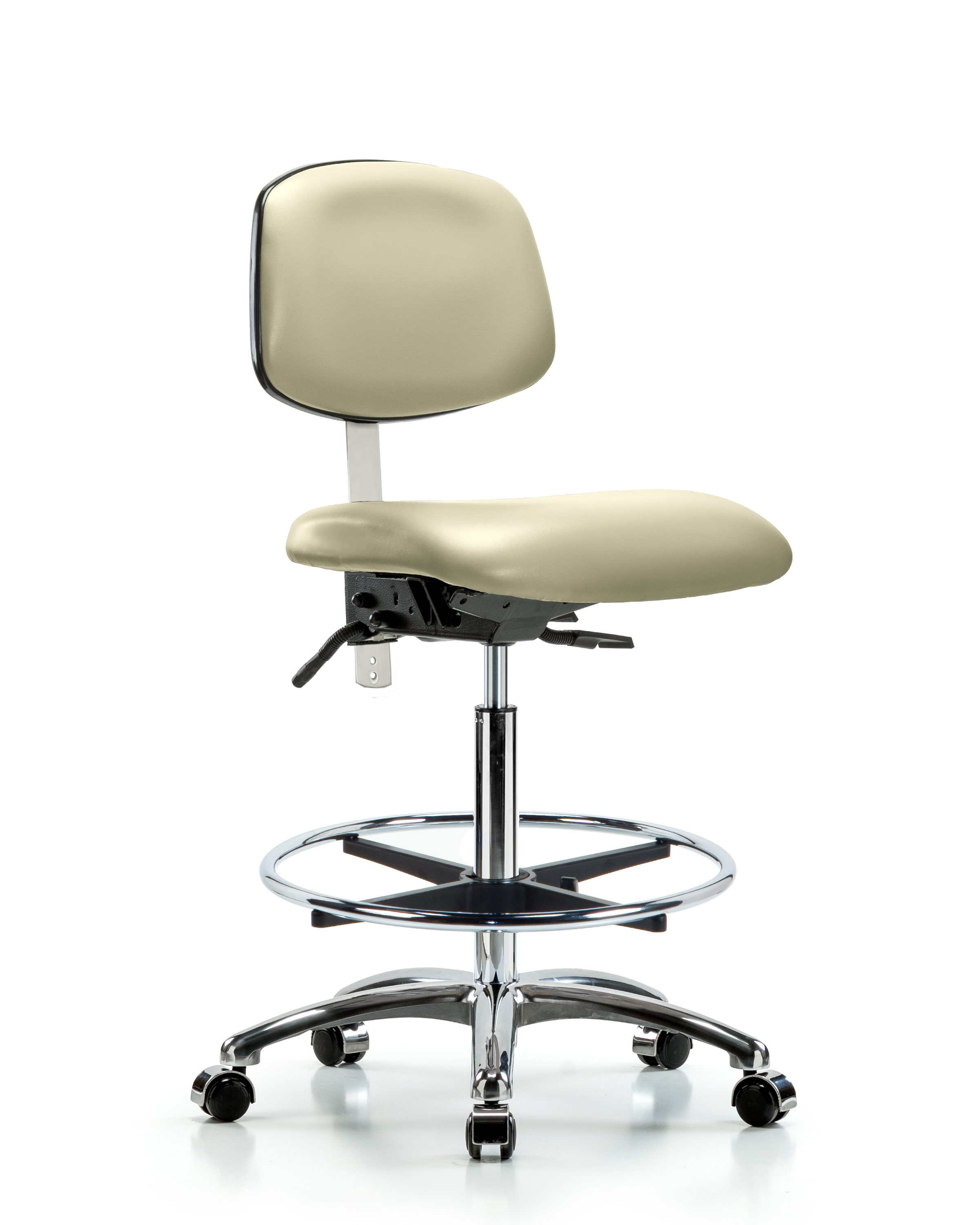 Class 100 Vinyl Clean Room Chair - High Bench Height with Chrome Foot Ring & Casters in Adobe White Trailblazer Vinyl