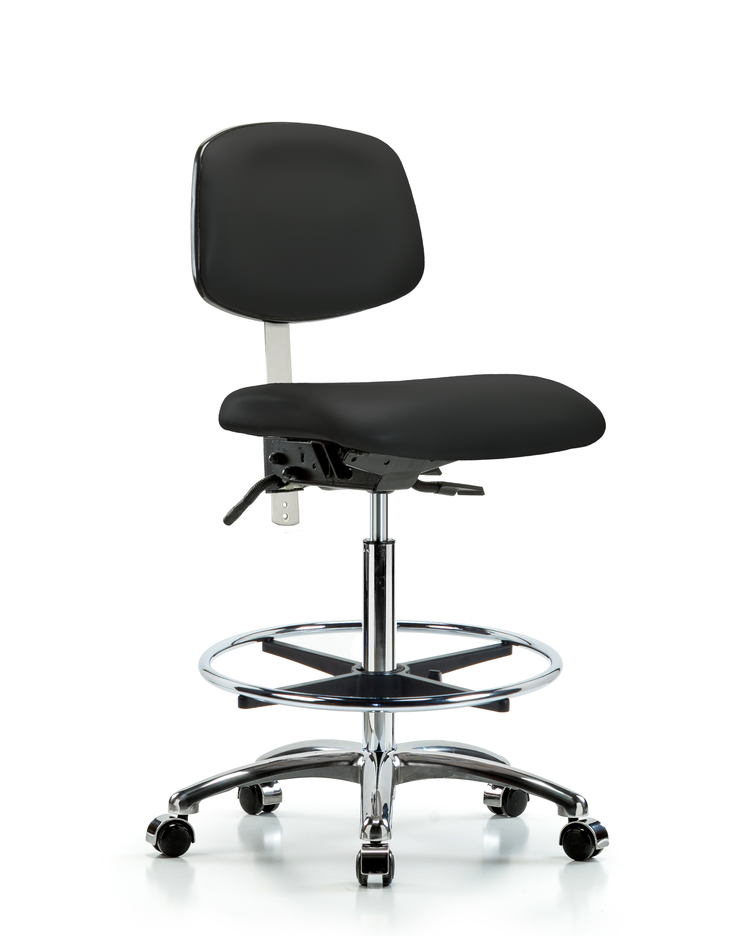 Class 100 Vinyl Clean Room Chair - High Bench Height with Chrome Foot Ring & Casters in Black Trailblazer Vinyl