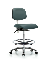 Class 100 Vinyl Clean Room Chair - High Bench Height with Chrome Foot Ring & Casters in Colonial Blue Trailblazer Vinyl