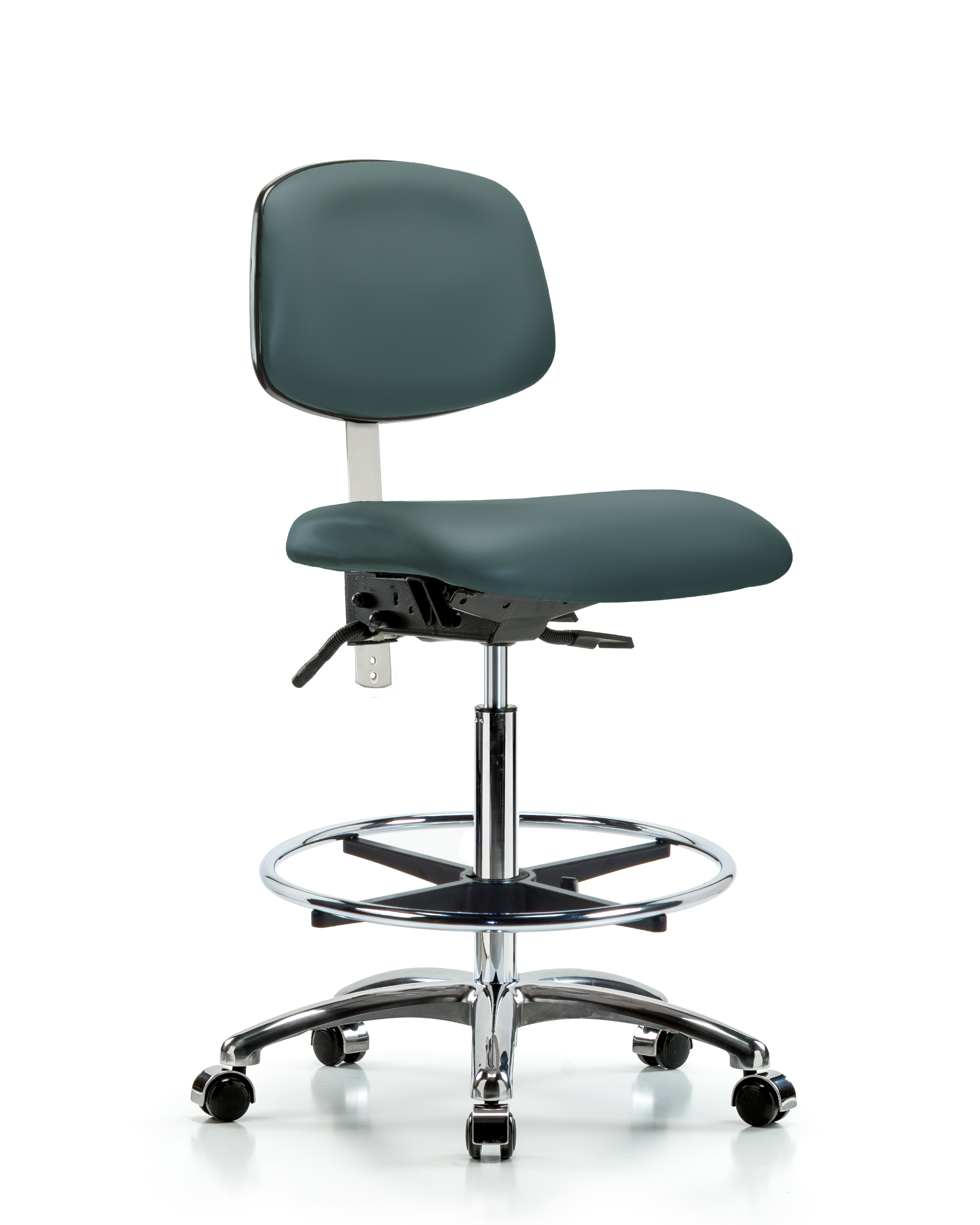 Class 100 Vinyl Clean Room Chair - High Bench Height with Chrome Foot Ring & Casters in Colonial Blue Trailblazer Vinyl