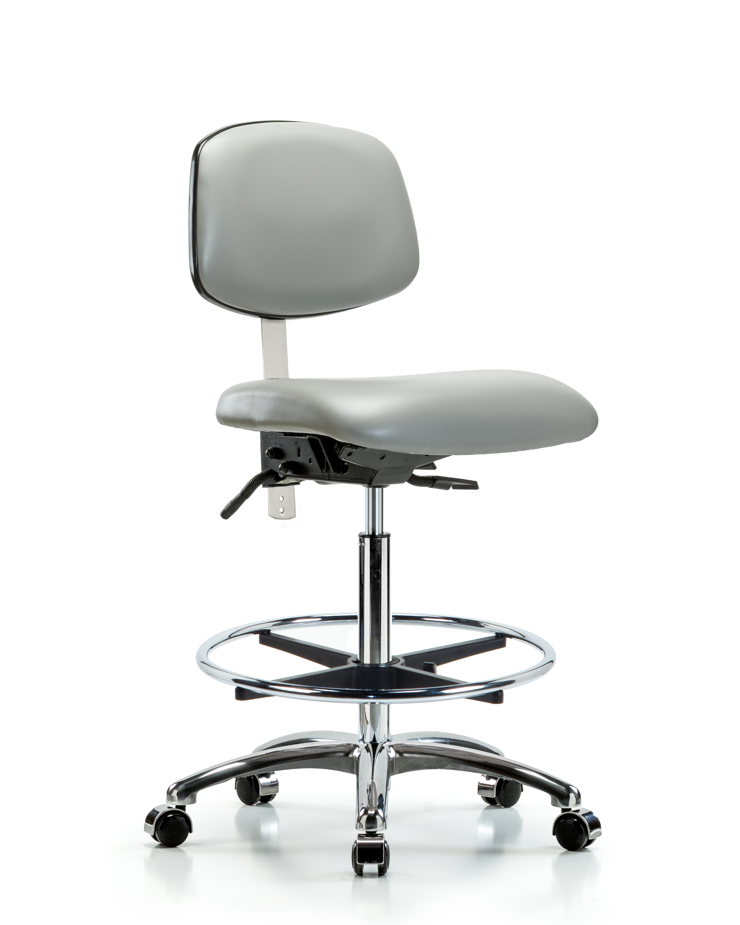 Class 100 Vinyl Clean Room Chair - High Bench Height with Chrome Foot Ring & Casters in Dove Trailblazer Vinyl
