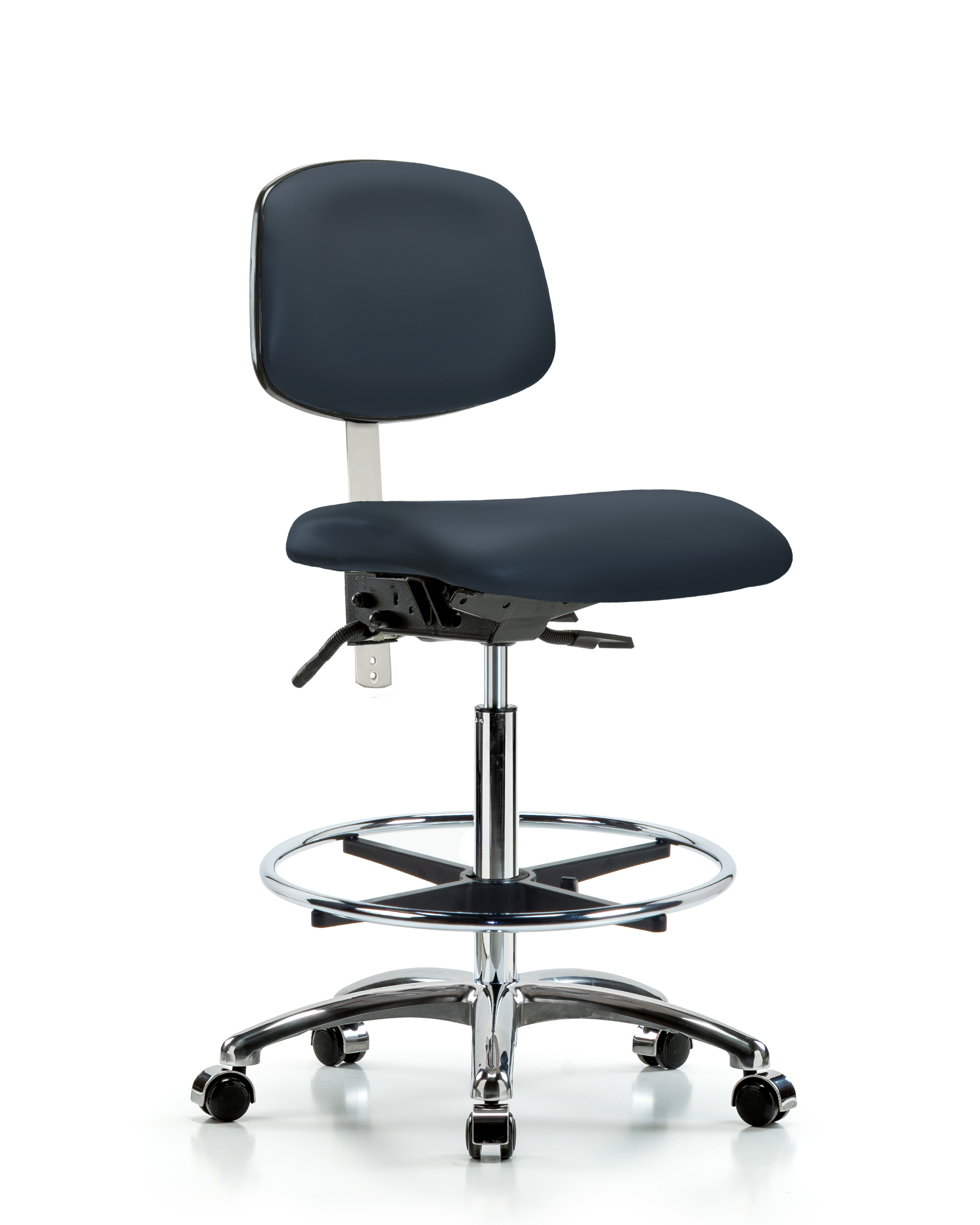 Class 100 Vinyl Clean Room Chair - High Bench Height with Chrome Foot Ring & Casters in Imperial Blue Trailblazer Vinyl
