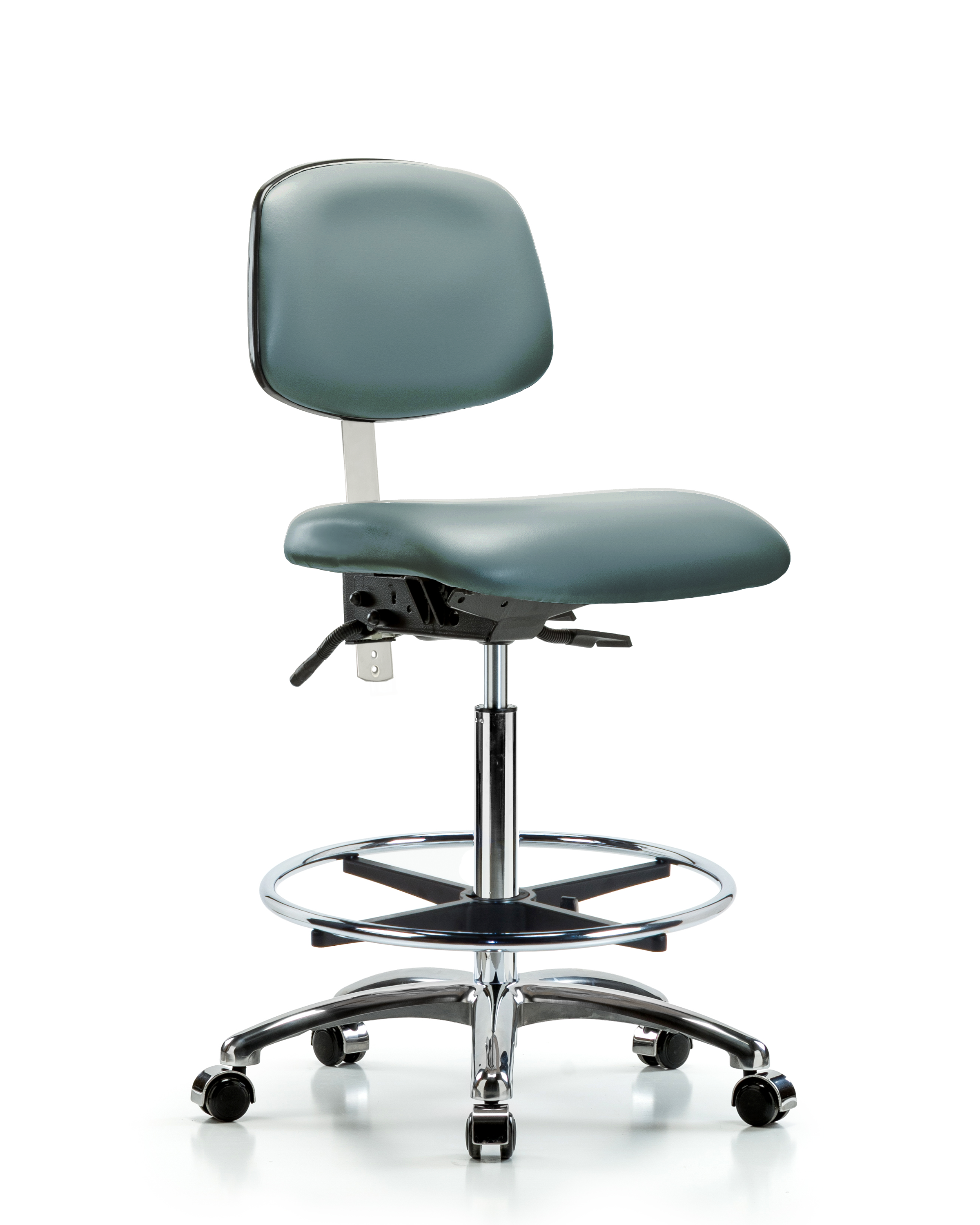 Class 100 Vinyl Clean Room Chair - High Bench Height with Chrome Foot Ring & Casters in Storm Supernova Vinyl