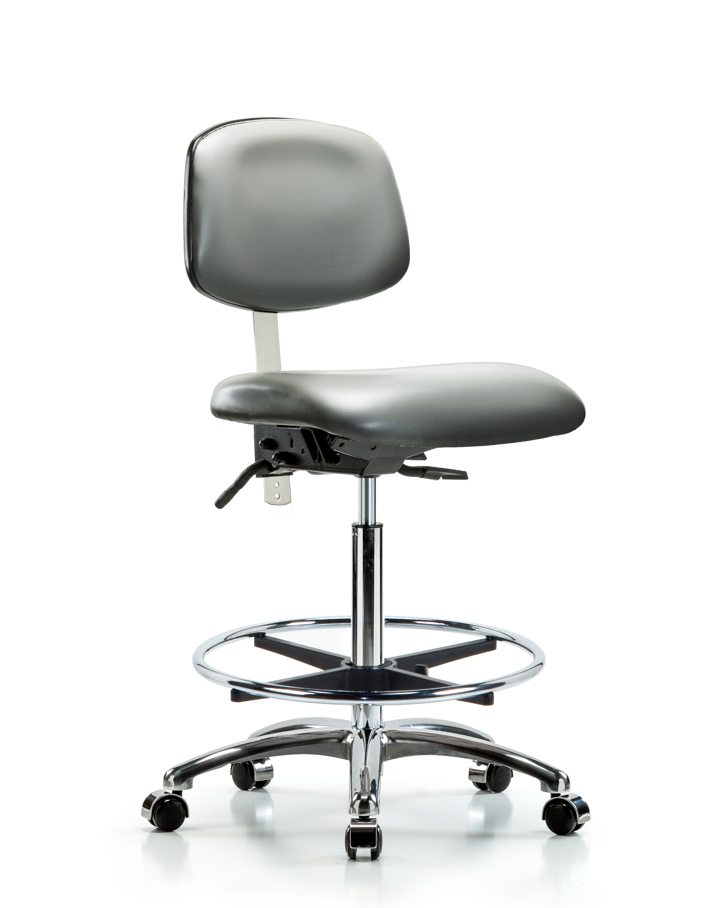 Class 100 Vinyl Clean Room Chair - High Bench Height with Chrome Foot Ring & Casters in Sterling Supernova Vinyl