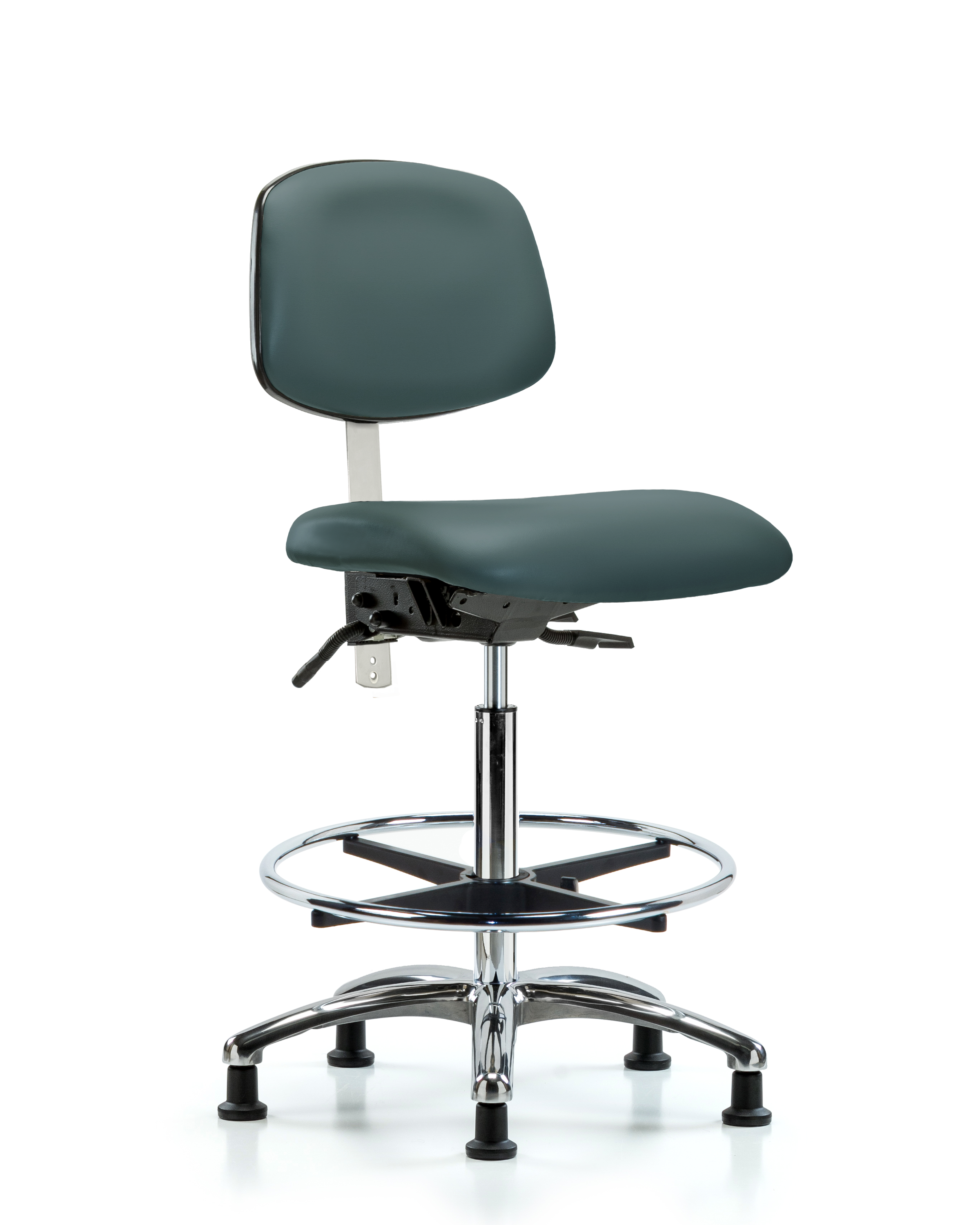 Class 100 Vinyl Clean Room Chair - High Bench Height with Chrome Foot Ring & Stationary Glides in Colonial Blue Trailblazer Vinyl
