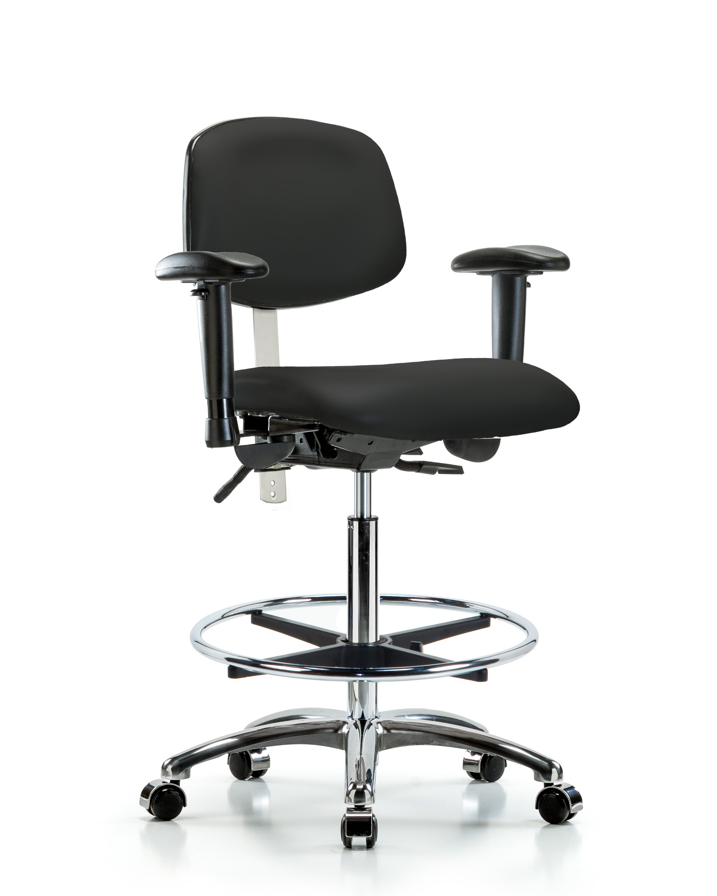 Class 100 Vinyl Clean Room Chair - High Bench Height with Adjustable Arms, Chrome Foot Ring, & Casters in Black Trailblazer Vinyl
