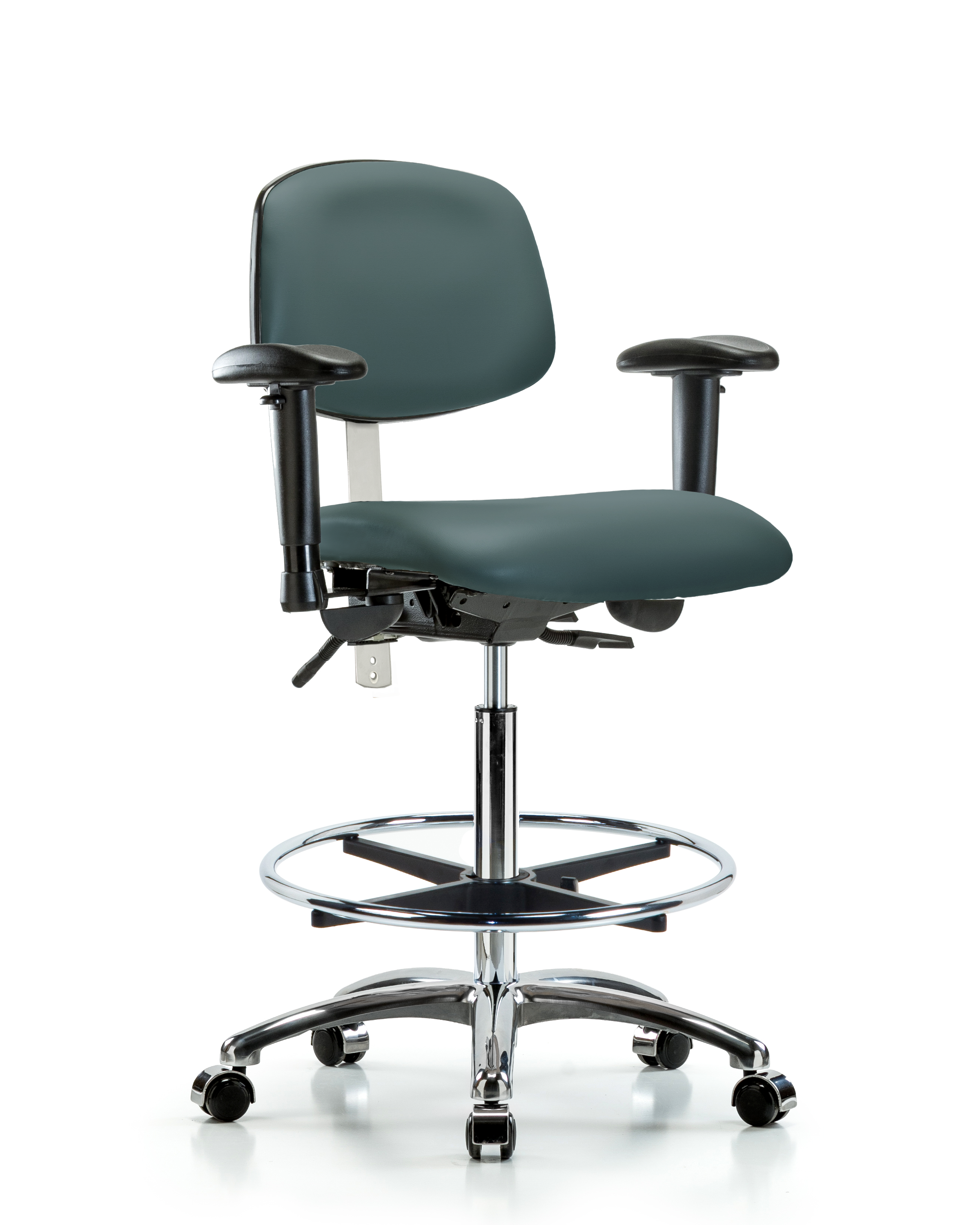 Class 100 Vinyl Clean Room Chair - High Bench Height with Adjustable Arms, Chrome Foot Ring, & Casters in Colonial Blue Trailblazer Vinyl