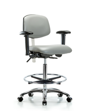 Class 100 Vinyl Clean Room Chair - High Bench Height with Adjustable Arms, Chrome Foot Ring, & Casters in Dove Trailblazer Vinyl