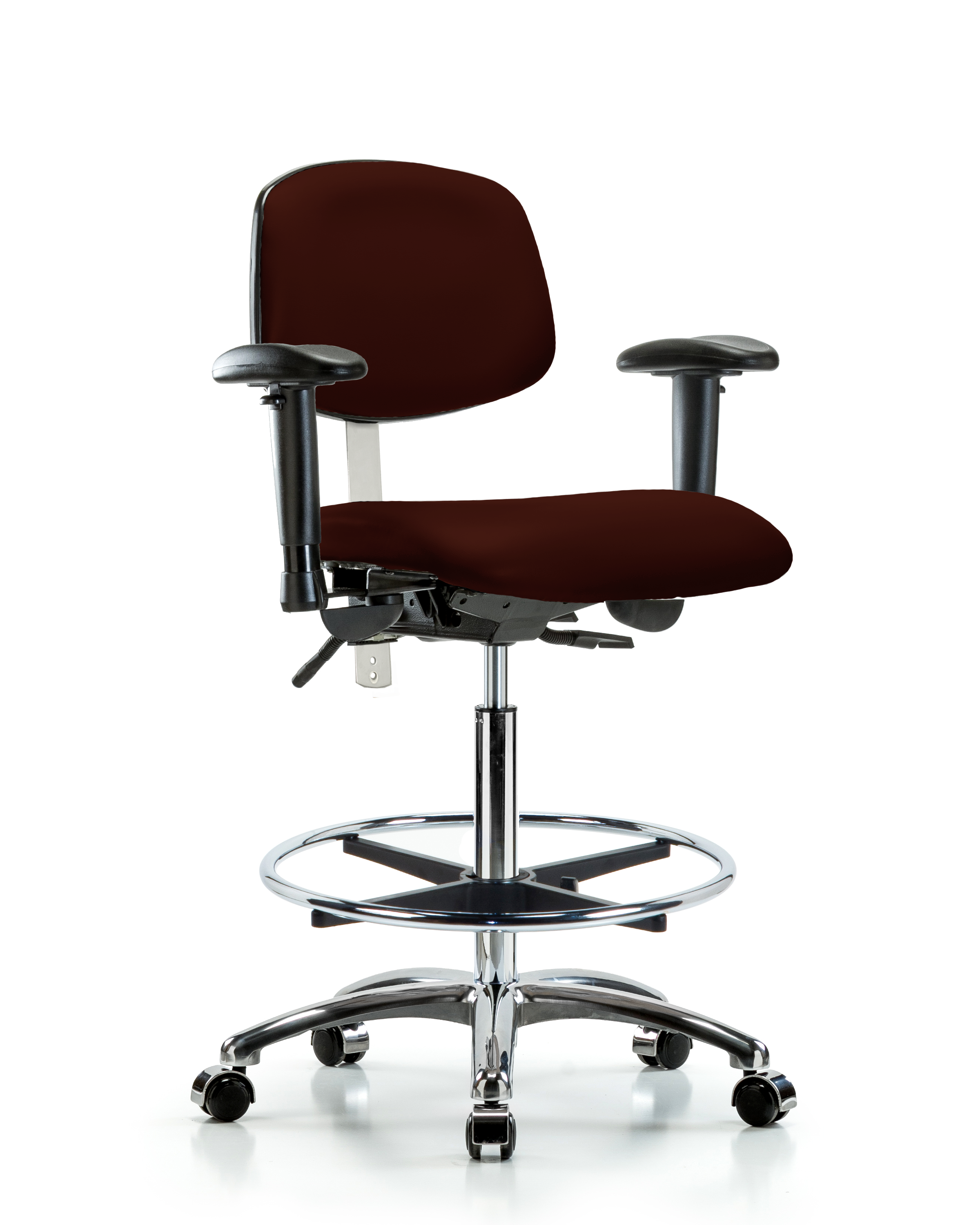 Class 100 Vinyl Clean Room Chair - High Bench Height with Adjustable Arms, Chrome Foot Ring, & Casters in Burgundy Trailblazer Vinyl