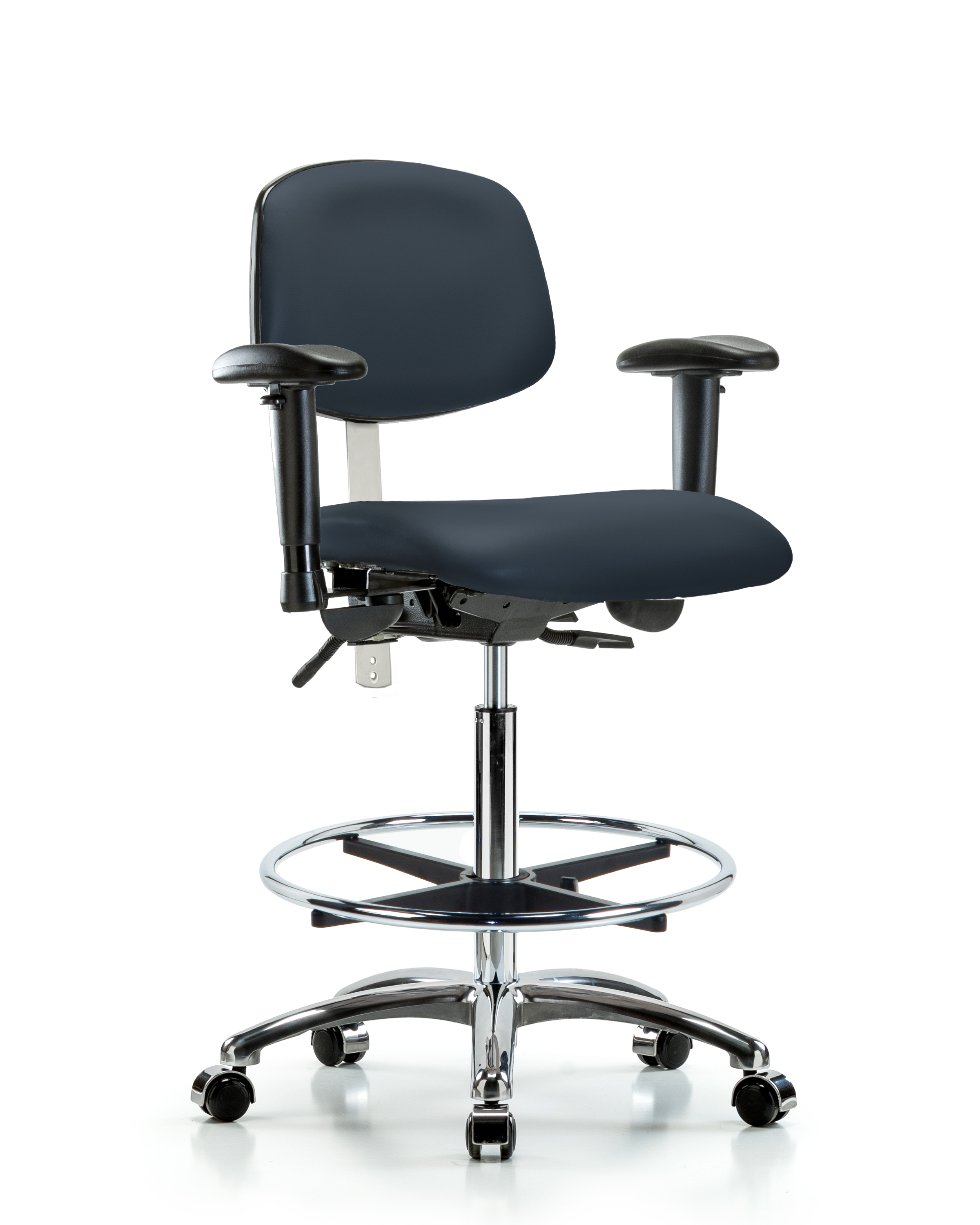 Class 100 Vinyl Clean Room Chair - High Bench Height with Adjustable Arms, Chrome Foot Ring, & Casters in Imperial Blue Trailblazer Vinyl