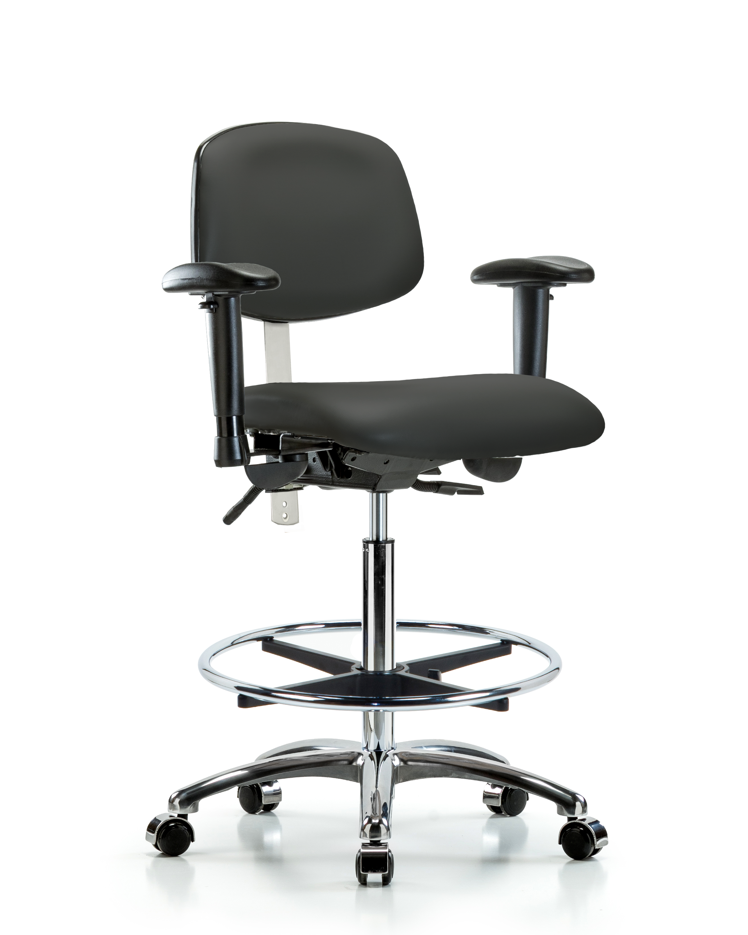 Class 100 Vinyl Clean Room Chair - High Bench Height with Adjustable Arms, Chrome Foot Ring, & Casters in Charcoal Trailblazer Vinyl