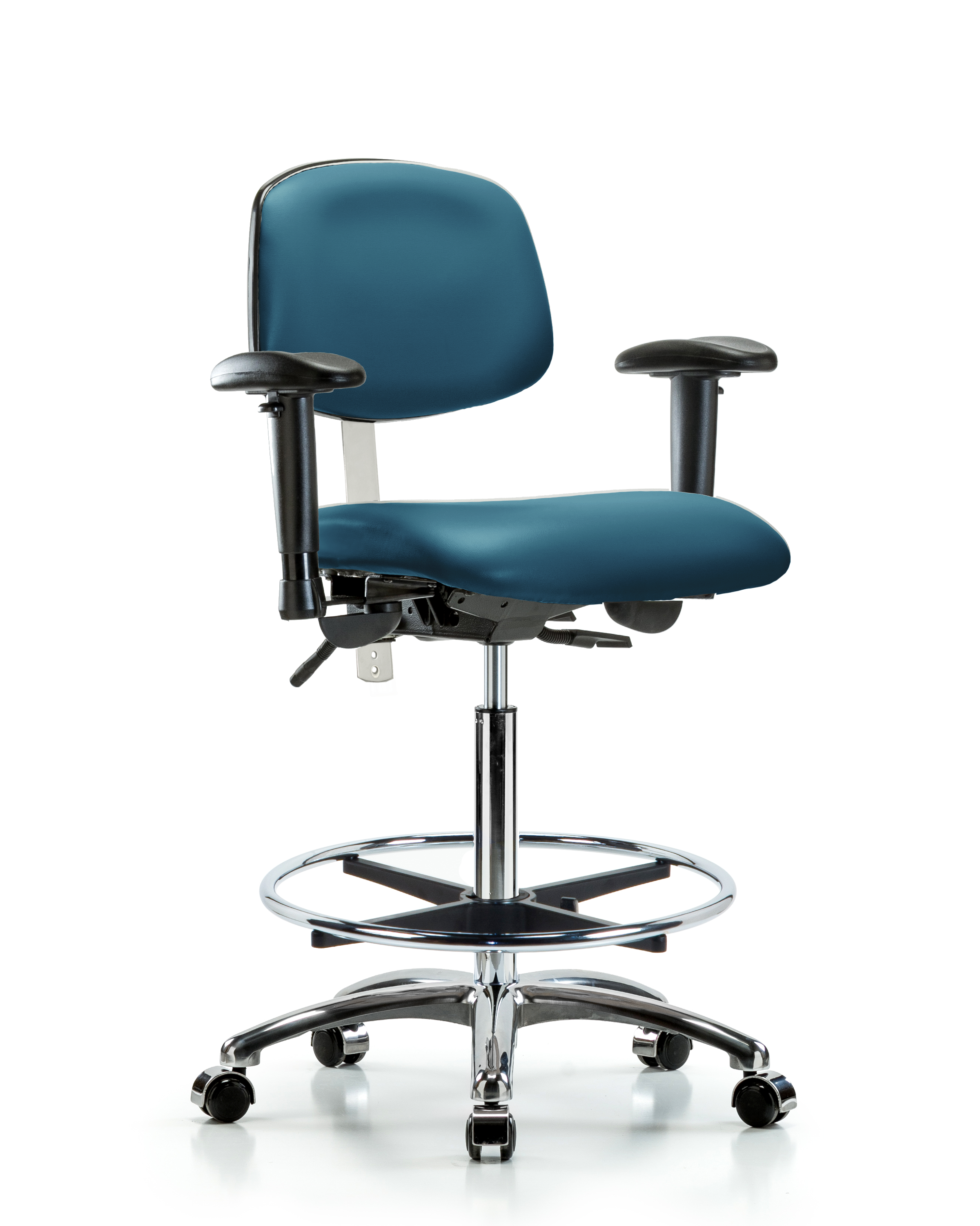 Class 100 Vinyl Clean Room Chair - High Bench Height with Adjustable Arms, Chrome Foot Ring, & Casters in Marine Blue Supernova Vinyl