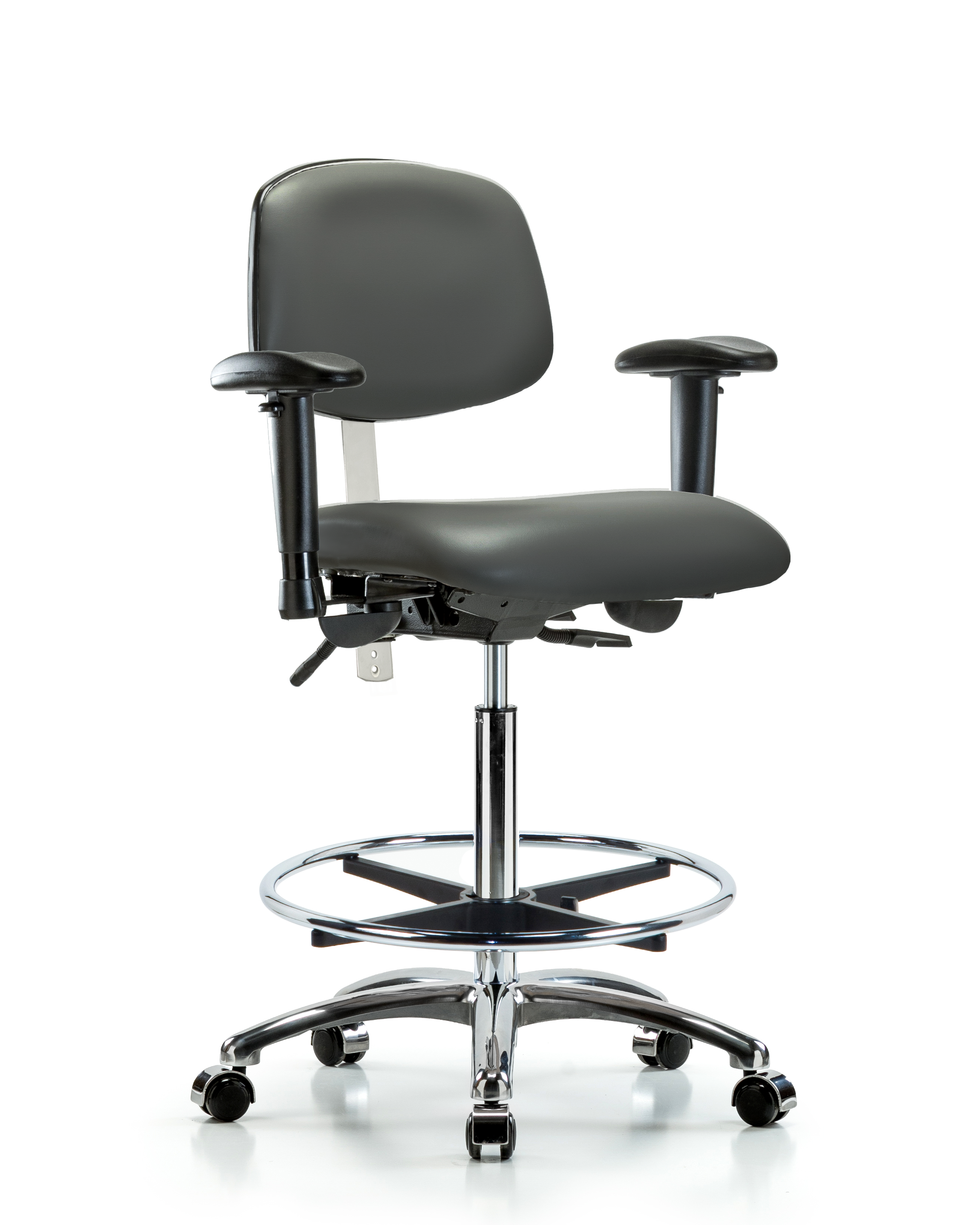 Class 100 Vinyl Clean Room Chair - High Bench Height with Adjustable Arms, Chrome Foot Ring, & Casters in Carbon Supernova Vinyl