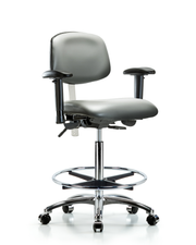 Class 100 Vinyl Clean Room Chair - High Bench Height with Adjustable Arms, Chrome Foot Ring, & Casters in Sterling Supernova Vinyl
