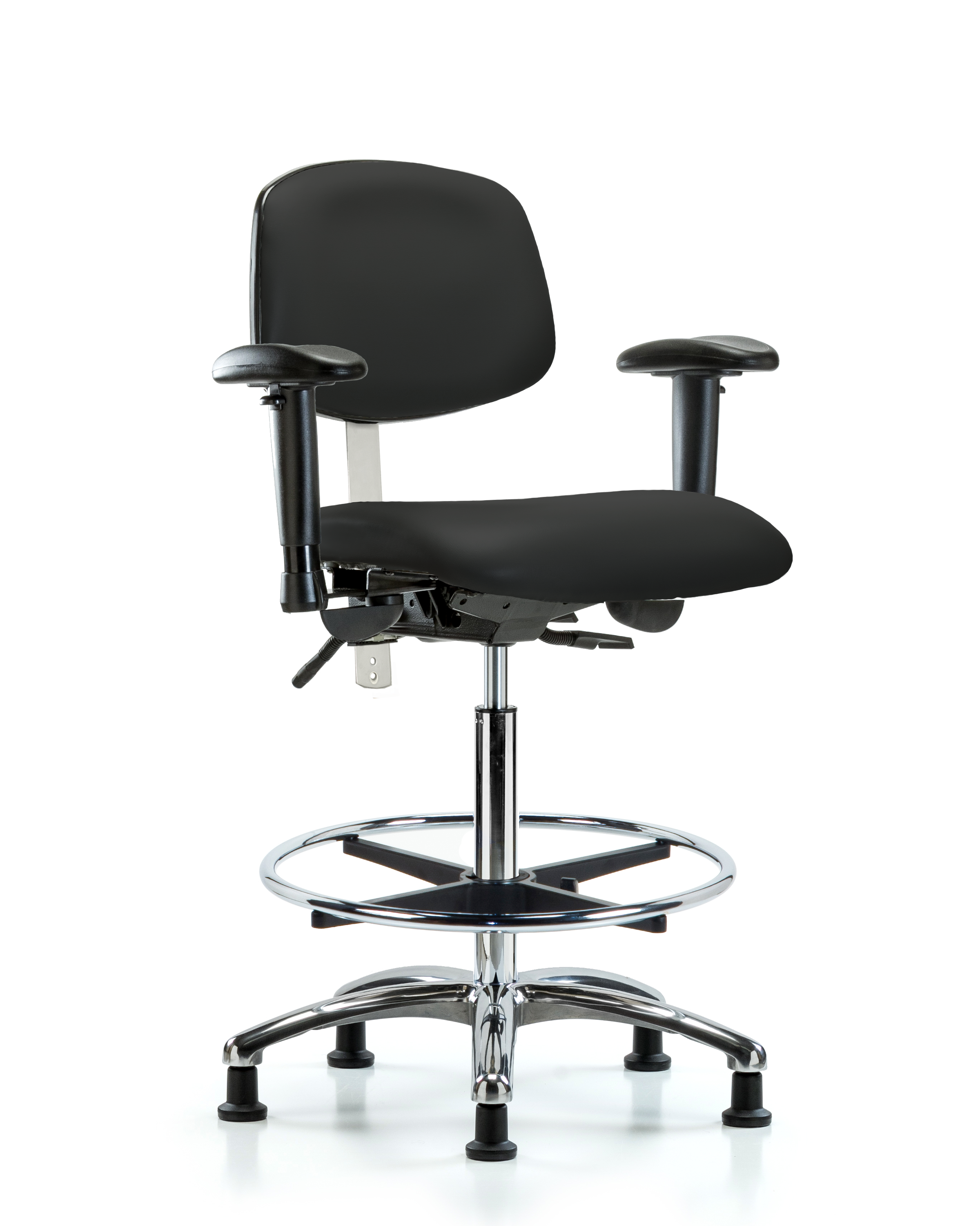 Class 100 Vinyl Clean Room Chair - High Bench Height with Adjustable Arms, Chrome Foot Ring, & Stationary Glides in Black Trailblazer Vinyl