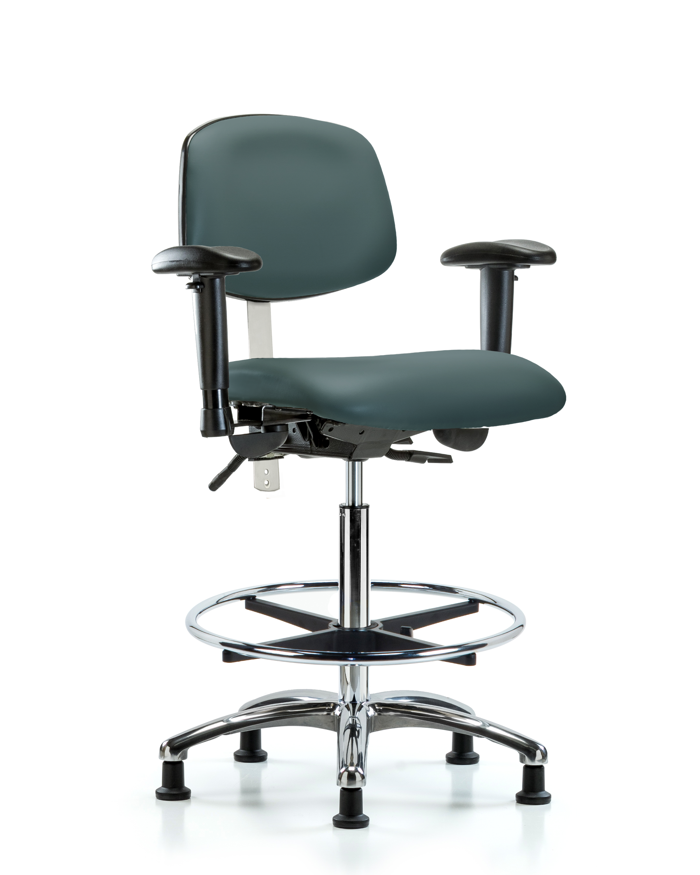 Class 100 Vinyl Clean Room Chair - High Bench Height with Adjustable Arms, Chrome Foot Ring, & Stationary Glides in Colonial Blue Trailblazer Vinyl