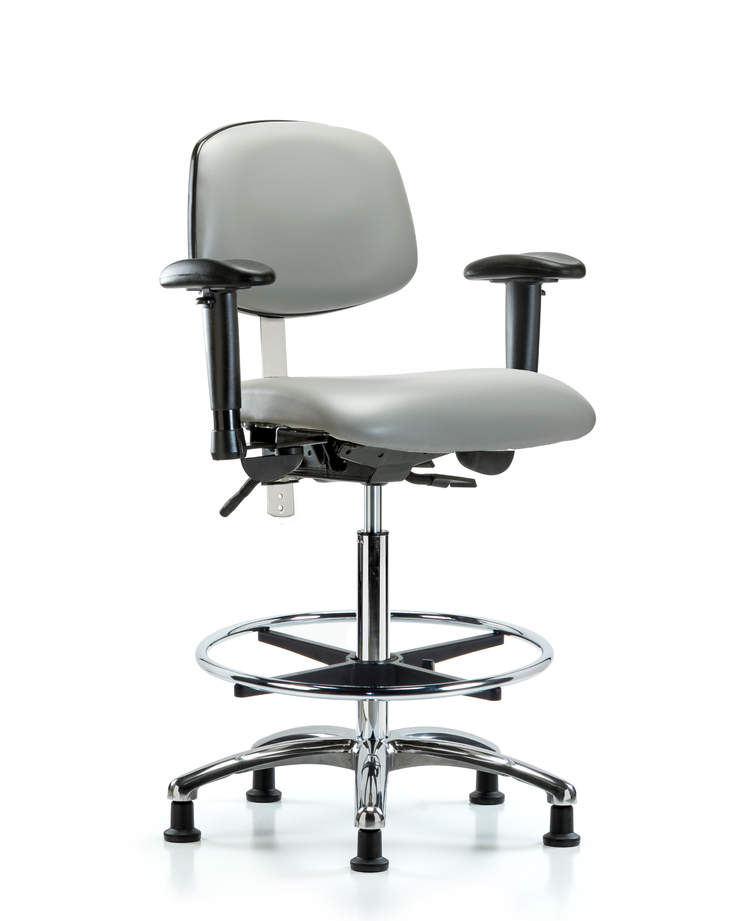 Class 100 Vinyl Clean Room Chair - High Bench Height with Adjustable Arms, Chrome Foot Ring, & Stationary Glides in Dove Trailblazer Vinyl