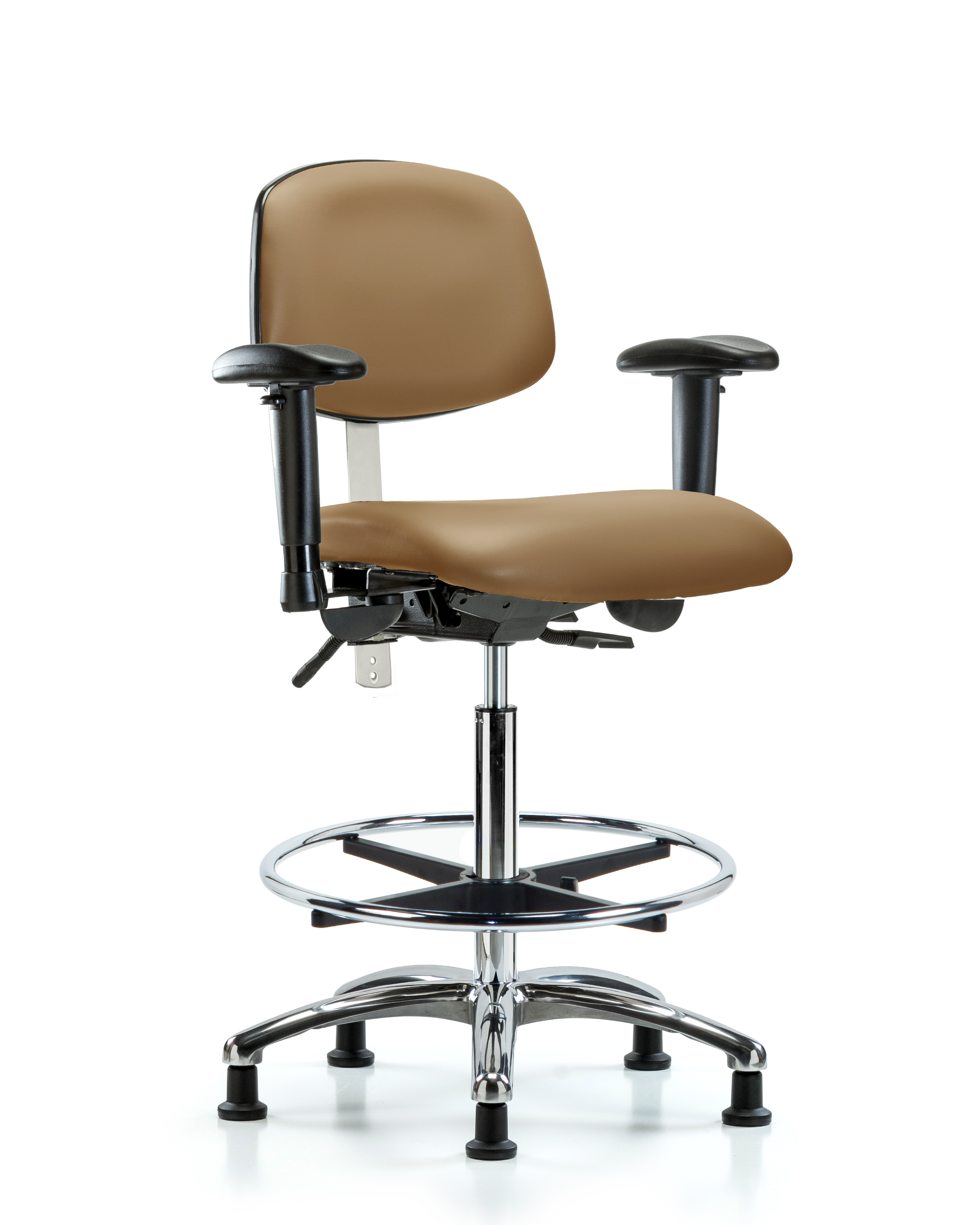 Class 100 Vinyl Clean Room Chair - High Bench Height with Adjustable Arms, Chrome Foot Ring, & Stationary Glides in Taupe Trailblazer Vinyl