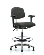 Class 100 Vinyl Clean Room Chair - High Bench Height with Adjustable Arms, Chrome Foot Ring, & Stationary Glides in Charcoal Trailblazer Vinyl