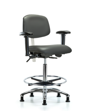Class 100 Vinyl Clean Room Chair - High Bench Height with Adjustable Arms, Chrome Foot Ring, & Stationary Glides in Carbon Supernova Vinyl