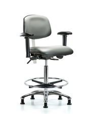 Class 100 Vinyl Clean Room Chair - High Bench Height with Adjustable Arms, Chrome Foot Ring, & Stationary Glides in Sterling Supernova Vinyl