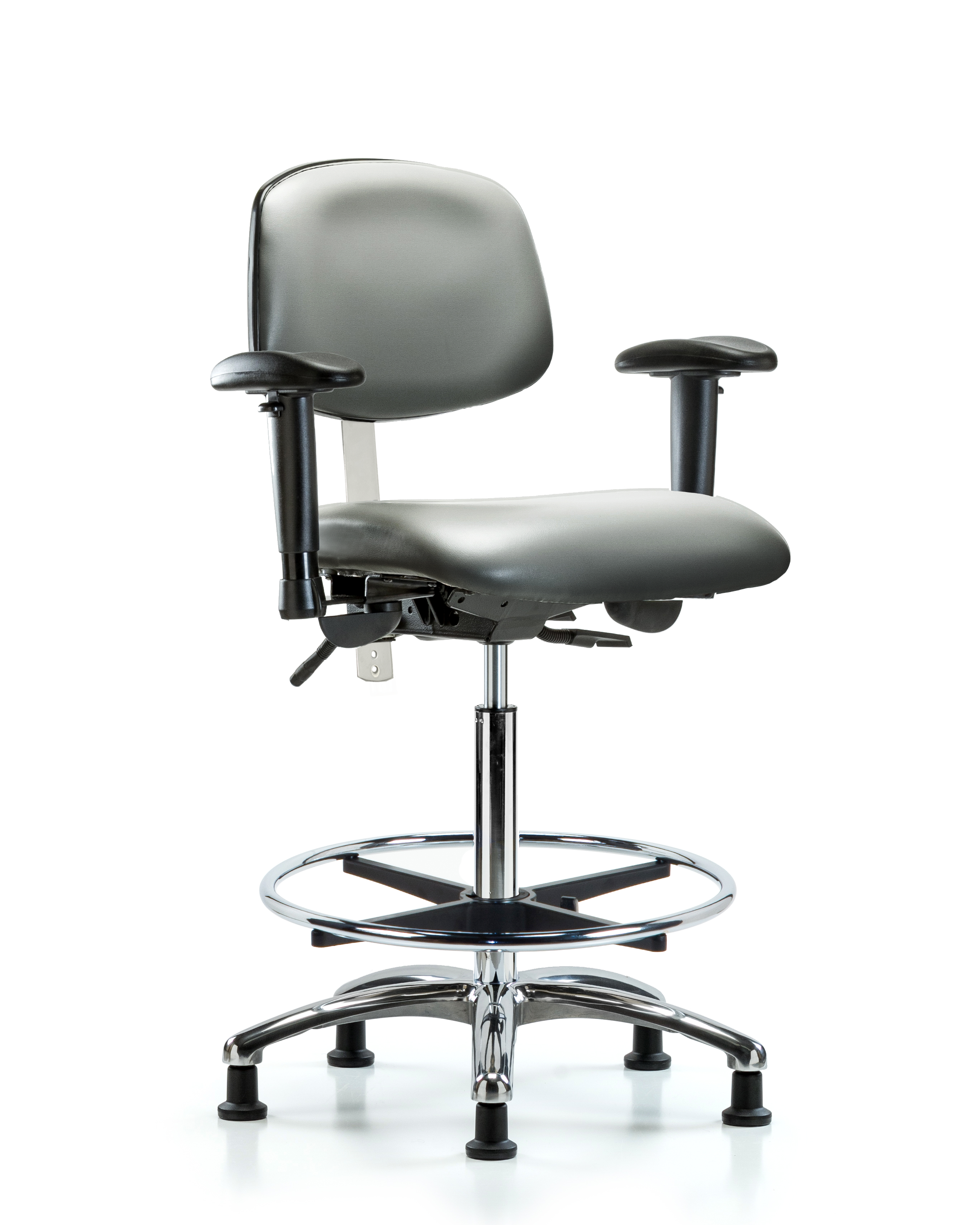 Class 100 Vinyl Clean Room Chair - High Bench Height with Adjustable Arms, Chrome Foot Ring, & Stationary Glides in Sterling Supernova Vinyl